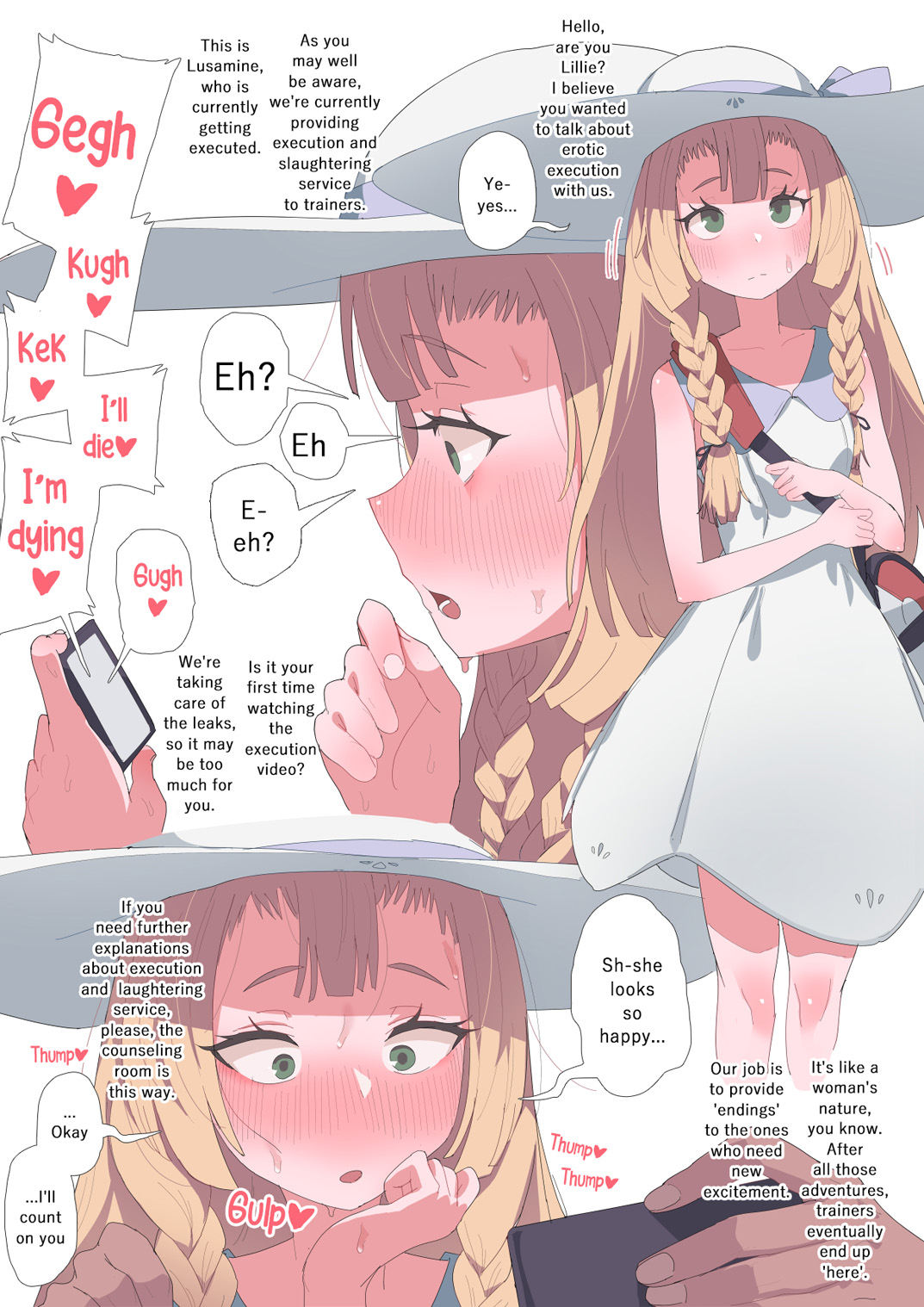 1boy, blonde hair, blush, bra, breasts, clothed female, commentary, curly hair, english commentary, female, green eyes, highres, jj.jj, lillie (pokemon), long hair, male, medium breasts, pokemon, pokemon (game), pokemon sm, small breasts, straight