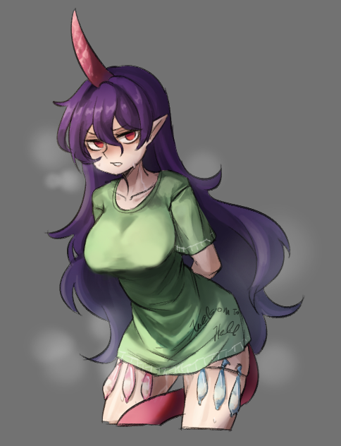 arms_behind_back breasts cileuhsa clothes_writing collarbone condom cowboy_shot cropped_legs female green_shirt grey_background horns large_breasts long_hair open_mouth pointy_ears purple_hair red_eyes red_horns shirt short_sleeves simple_background solo tail tenkajin_chiyari touhou unfinished_dream_of_all_living_ghost used_condom