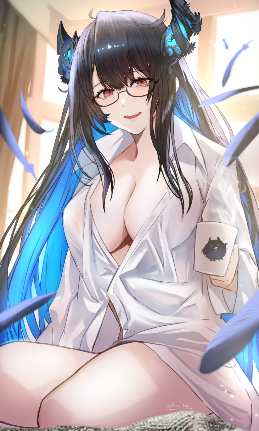 1girls, beauty mark, breasts, cleavage, cleavage window, coffee, coffee mug, female, female only, glasses, hololive, hololive english, hololive english -advent-, huge breasts, light skin, light-skinned female, mostly nude, naked shirt, nerissa ravencroft, offering to viewer, solo, thighs, twitter username, virtual youtuber