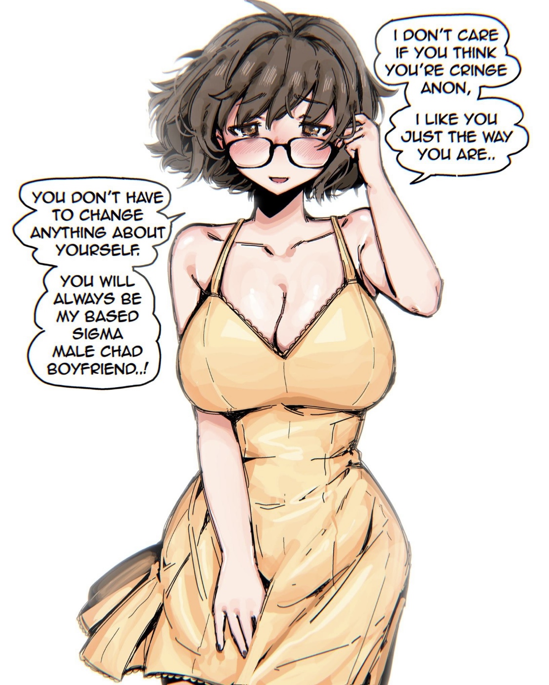 1girls, aki (04119 snail), big breasts, blush, breasts, brown hair, female, glasses, large breasts, looking at viewer, short hair, snale (04119 snail), solo, solo female, speech bubble, talking to viewer, yellow dress