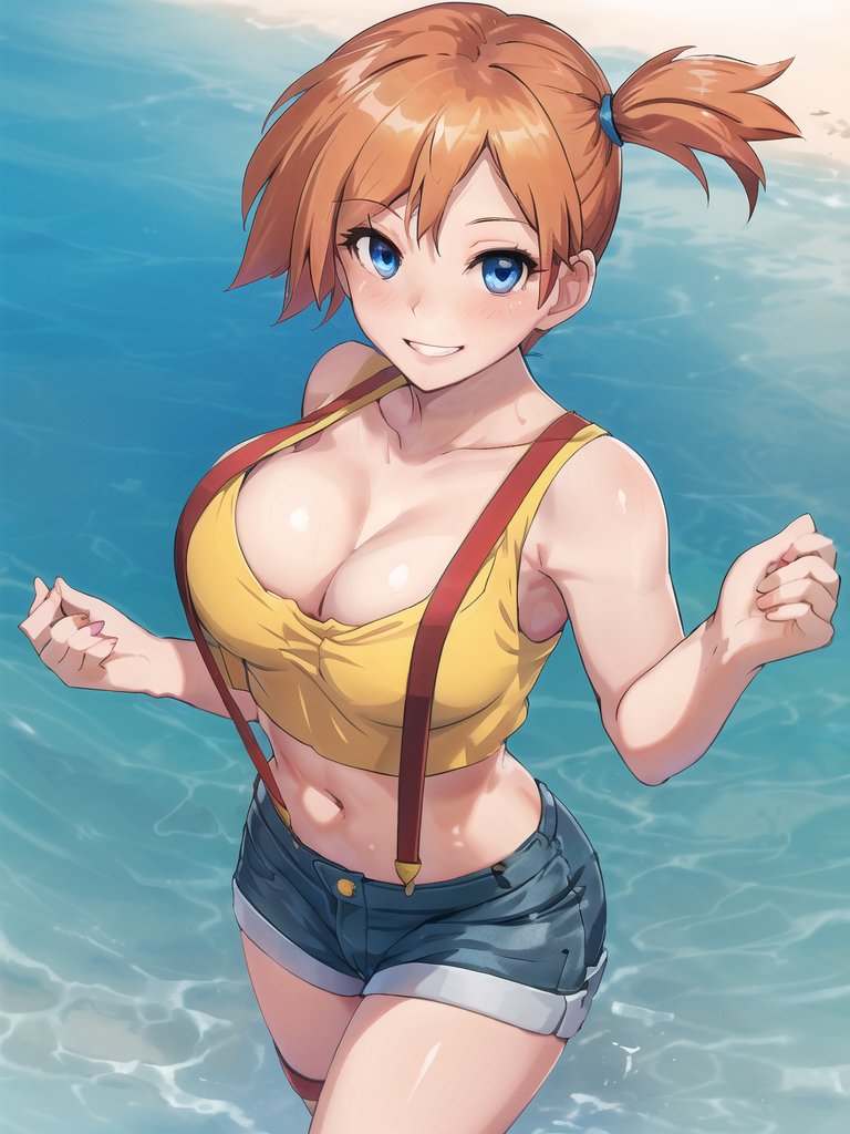 1girls, abs, ai generated, alternate breast size, asymmetrical hair, beach, blue eyes, blush, breasts, clothing, cowboy shot, crop top, denim, denim shorts, female, female only, game freak, gen 1 pokemon, high resolution, hips, huge breasts, kasumi (pokemon), large breasts, legs, midriff, muscles, navel, nintendo, nipples, orange hair, pokemon, pokemon (anime), pokemon (classic anime), pokemon rgby, ponytail, shirt, short hair, short shorts, shorts, side ponytail, sleeveless, sleeveless shirt, solo, spiky hair, suspenders, tank top, thighs, tied hair, very high resolution, water, wide hips, yellow shirt