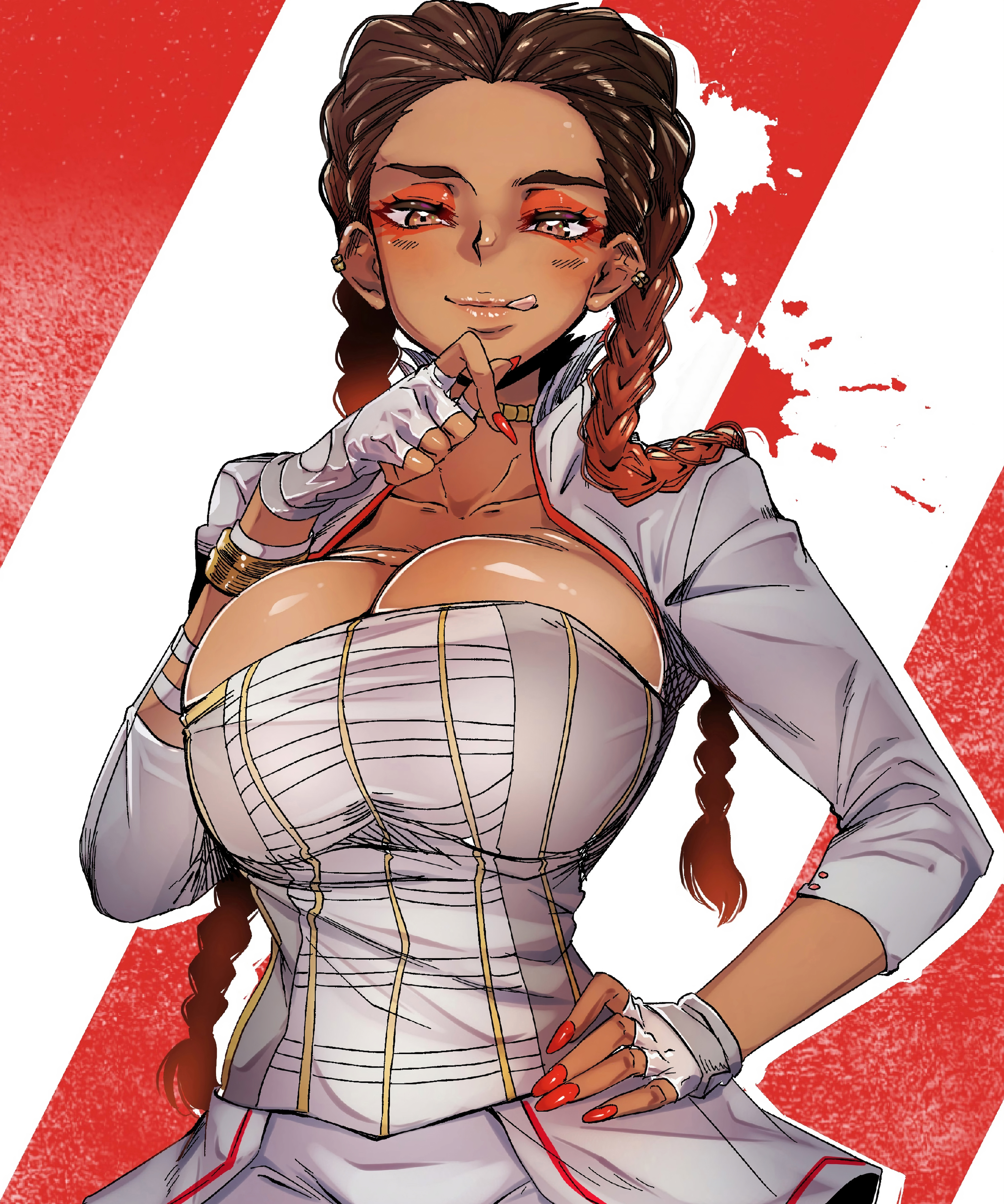 apex legends, ass, big ass, big breasts, big butt, breast press, breast squeeze, breasts, breasts out, brown hair, corset, dress, female, giant breasts, jacket, latina, loba (apex legends), looking at another, looking at partner, looking at viewer, looking down, red eyes, tight clothes, tight clothing, tight fit, tight pants, tongue, tongue out