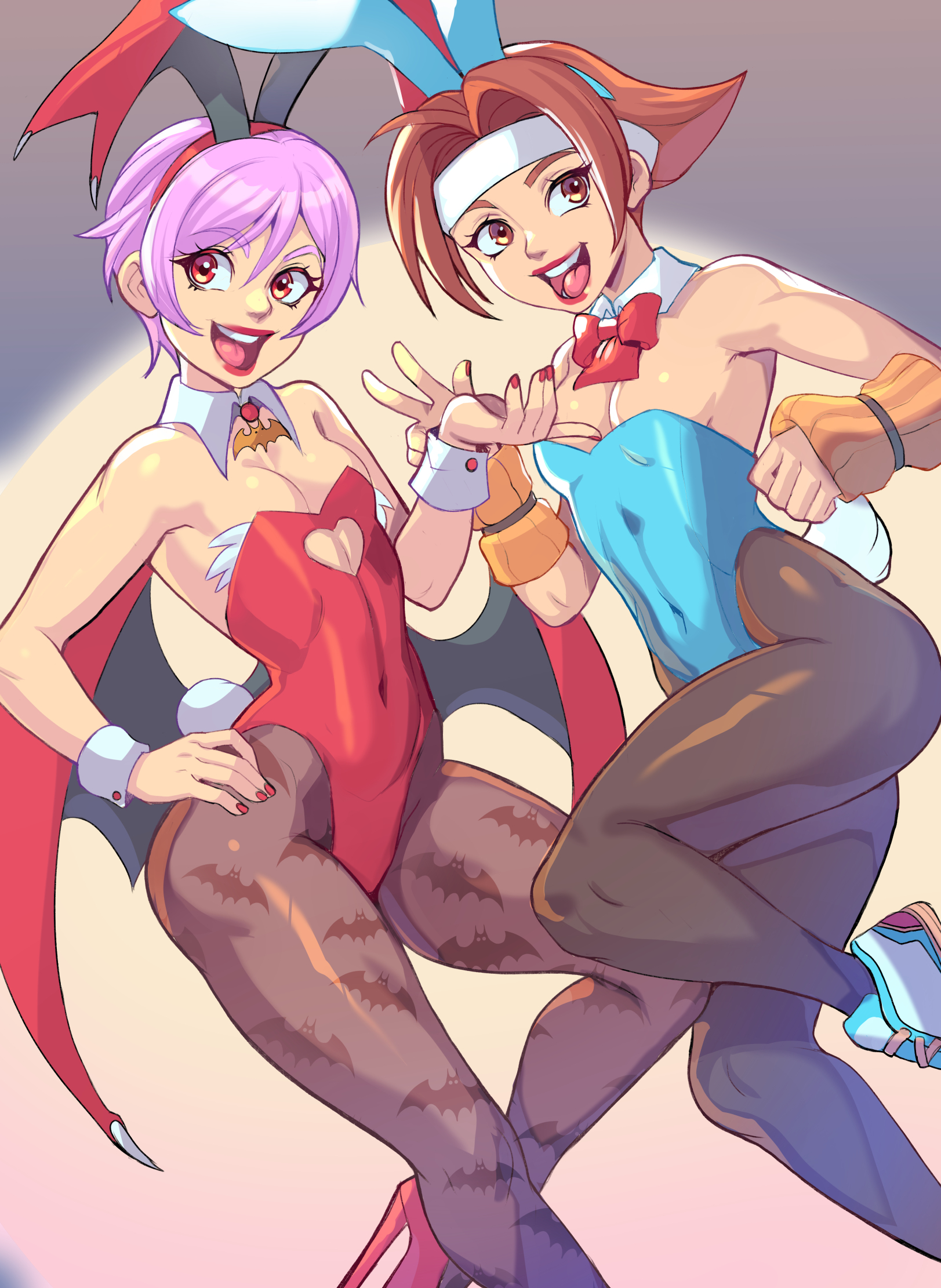 2022, 2girls, animal print, bat print, breasts, brown eyes, brown hair, bunny ears, bunny girl, bunny tail, bunnysuit, capcom, clothing, crossover, darkstalkers, demon, detached collar, female, female only, flat chest, greenmarine, headband, hi res, hinata wakaba, lilith aensland, looking at viewer, multiple females, multiple girls, neck ribbon, open mouth, pantyhose, purple hair, red eyes, red lipstick, rival schools, short hair, small breasts, smiling, smiling at viewer, succubus, succubus wings, wings, wrist cuffs