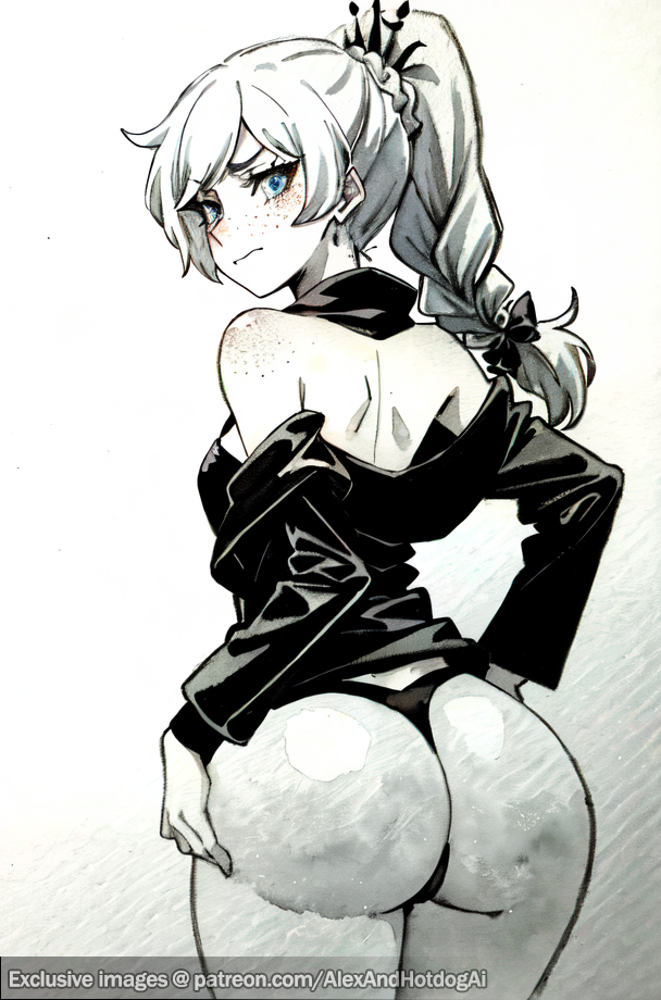 ai generated, alexandhotdogai, annoyed, ass, ass cleavage, ass expansion, ass focus, ass grab, bare back, bare shoulders, bare thighs, blue eyes, braid, braided hair, braided ponytail, female, female only, freckles, freckles on face, from behind, from behind position, huge ass, huge butt, looking at viewer, looking back, ponytail, rwby, sad, sketch, stable diffusion, thick ass, thick thighs, thong, weiss schnee, white hair