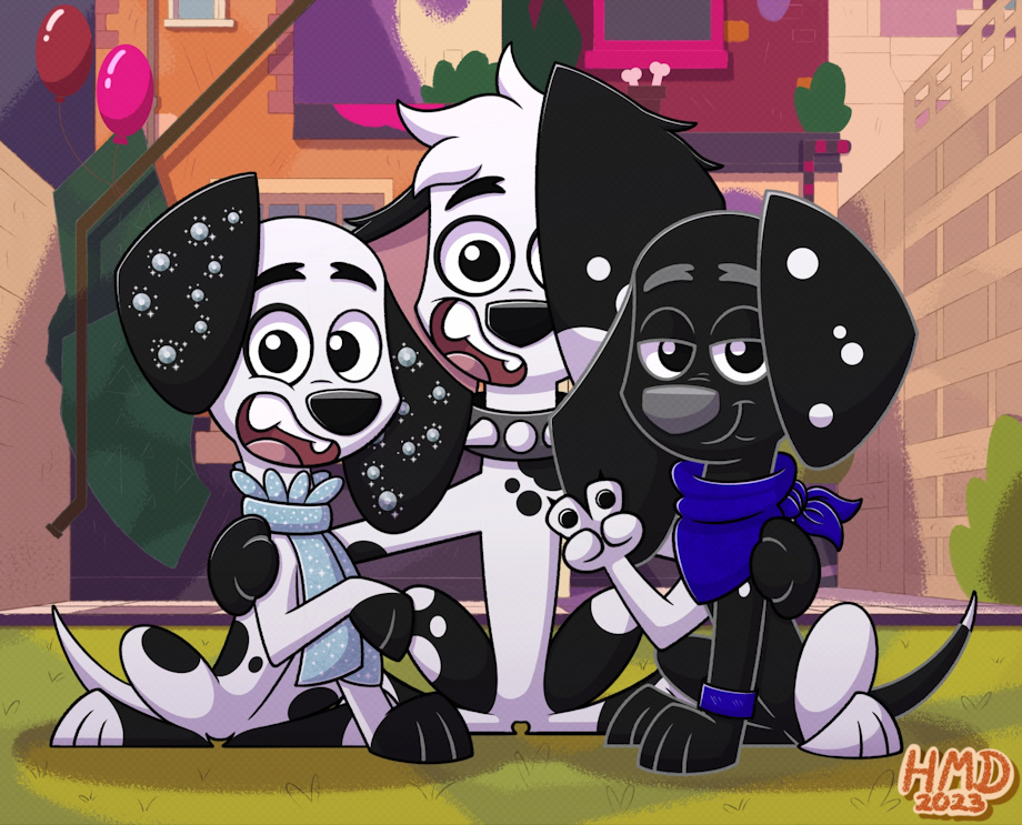 101_dalmatian_street 101_dalmatians bandana canid canine canis collar complex_background disney feral hmdkoba long_ears looking_at_viewer male male_only pawpads paws peace_sign scarf spiked_collar spots spotted_body spotted_fur trio v white_body white_fur white_hair white_skin