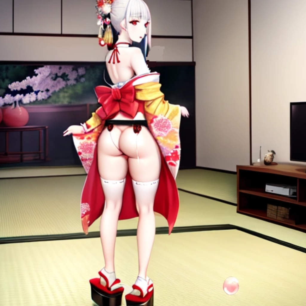 1girls ai_generated aihentai.co anything_diffusion ass back_view bubble_butt dat_ass female geisha japanese_clothing kimono looking_back original_character pale_skin rear_view sandals solo stable_diffusion standing tatami television thighhighs thong white_hair