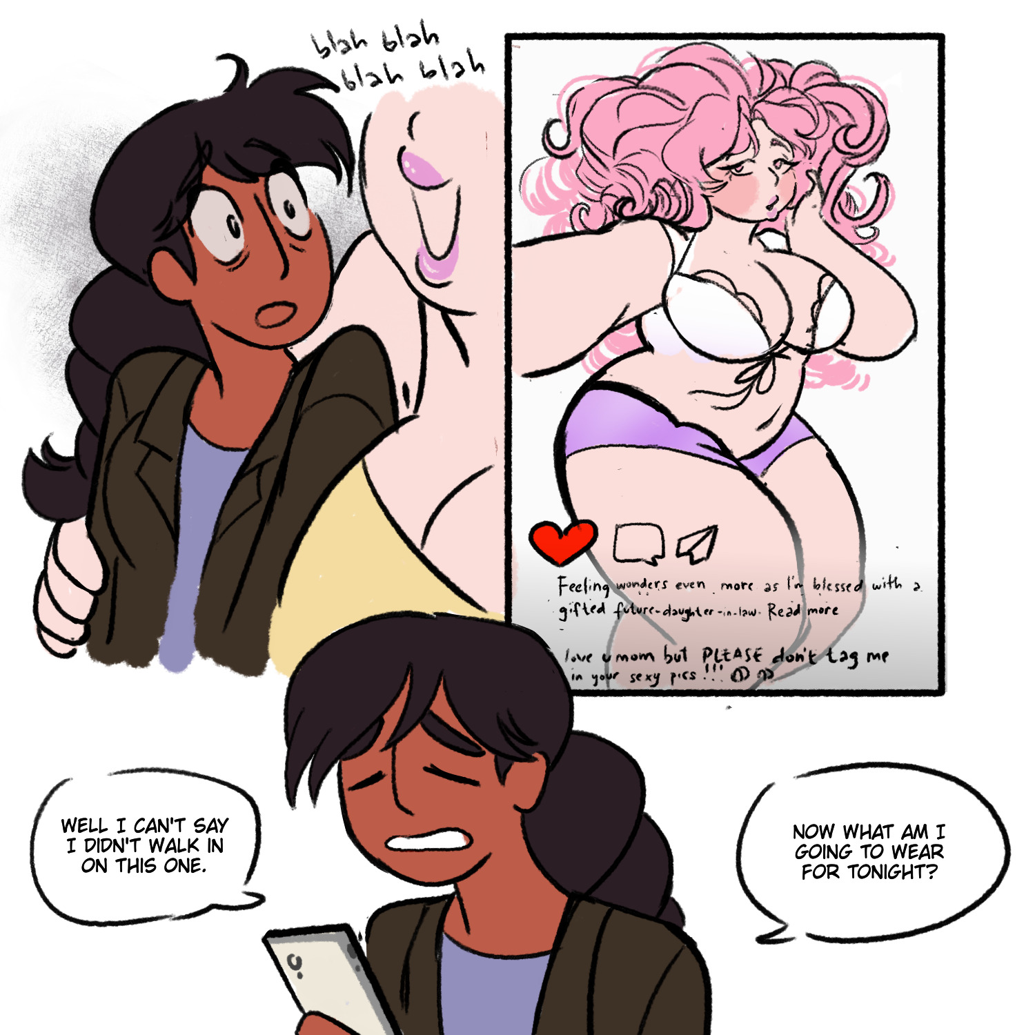 chubby female, comic, comic page, connie maheswaran, curly hair, curvy female, dark skin, dark-skinned female, english, english text, female, humor, indian female, pink hair, rose quartz (steven universe), santan999, steven universe, text, white background