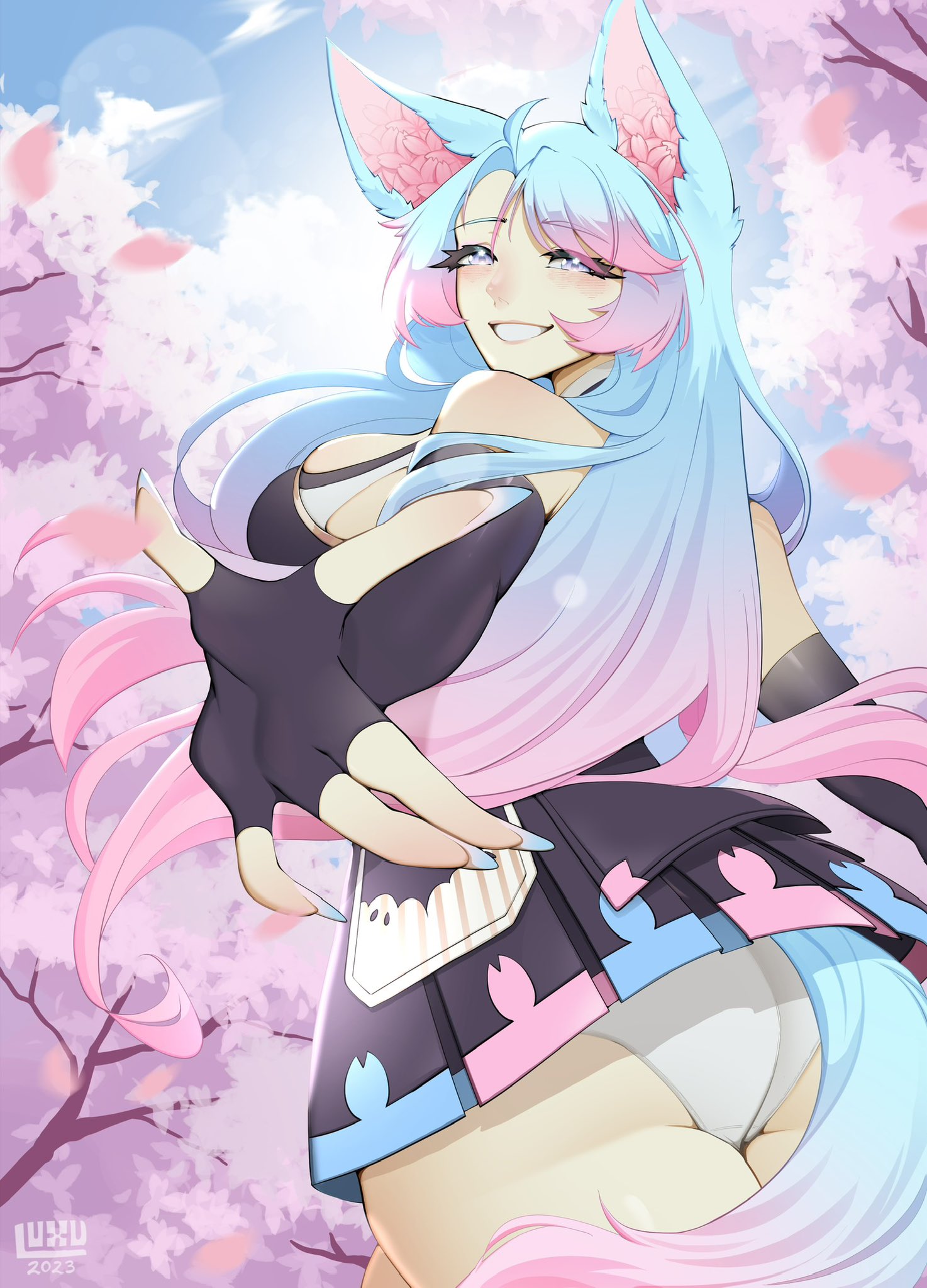 1girls, ass, blue eyes, blue hair, detailed background, female, female only, fox ears, fox girl, fox tail, hi res, indie virtual youtuber, long hair, looking at viewer, looking back, looking back at viewer, luxurias, narrowed eyes, outstretched arm, panties, pink hair, rear view, silvervale, smiling, smiling at viewer, solo, teeth showing, two-tone hair, virtual youtuber