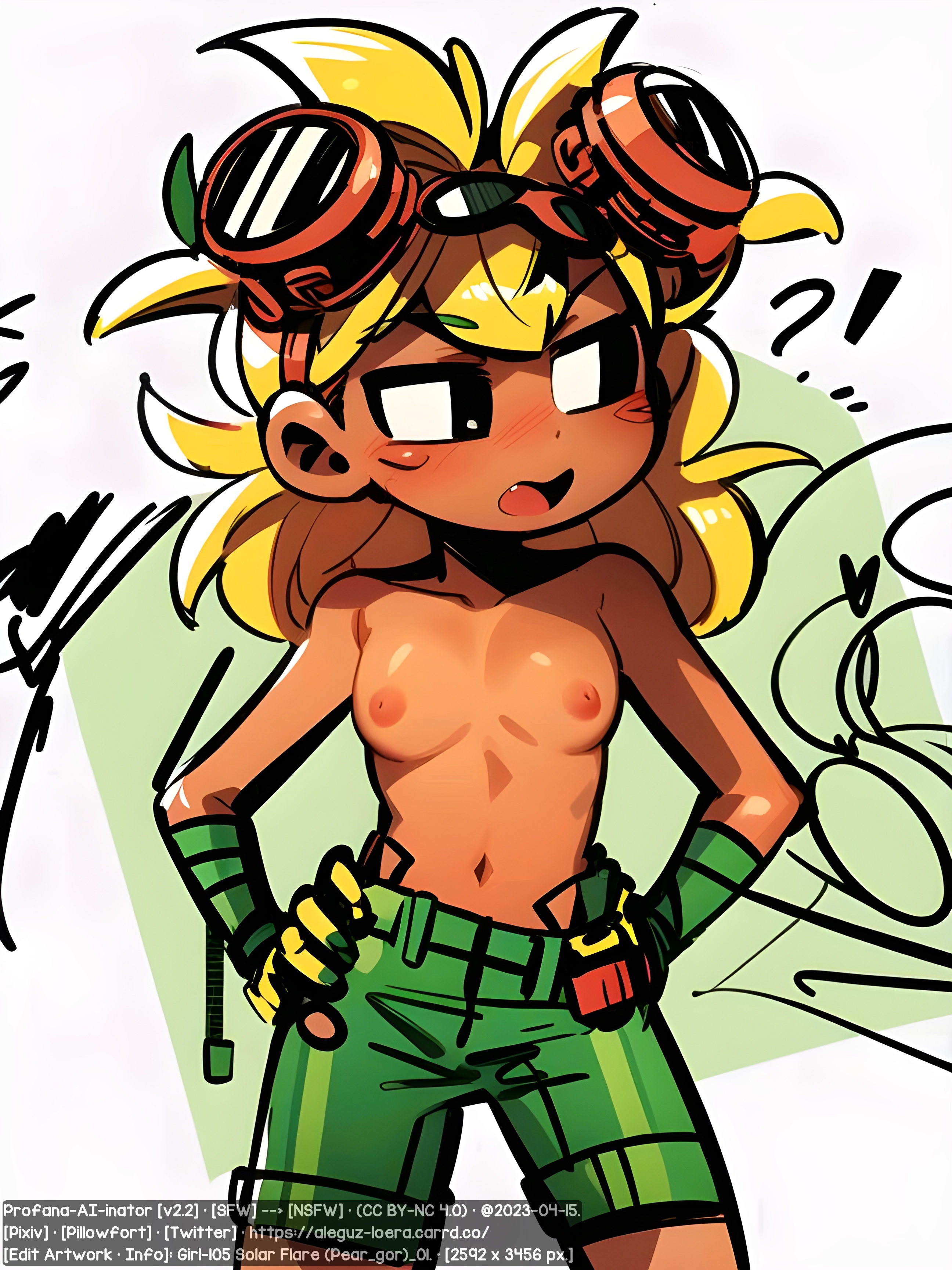 1girls, ai generated, ai hands, bandage, bandages, belly, belly button, blush, blushing, breasts, cute, female, gloves, goggles, goggles on head, human, humanized, nipples, plants vs zombies, plants vs zombies: heroes, profanaaiinator, shorts, simple background, solar flare (peargor), solar flare (pvz), sunflower (pvz), tomboy