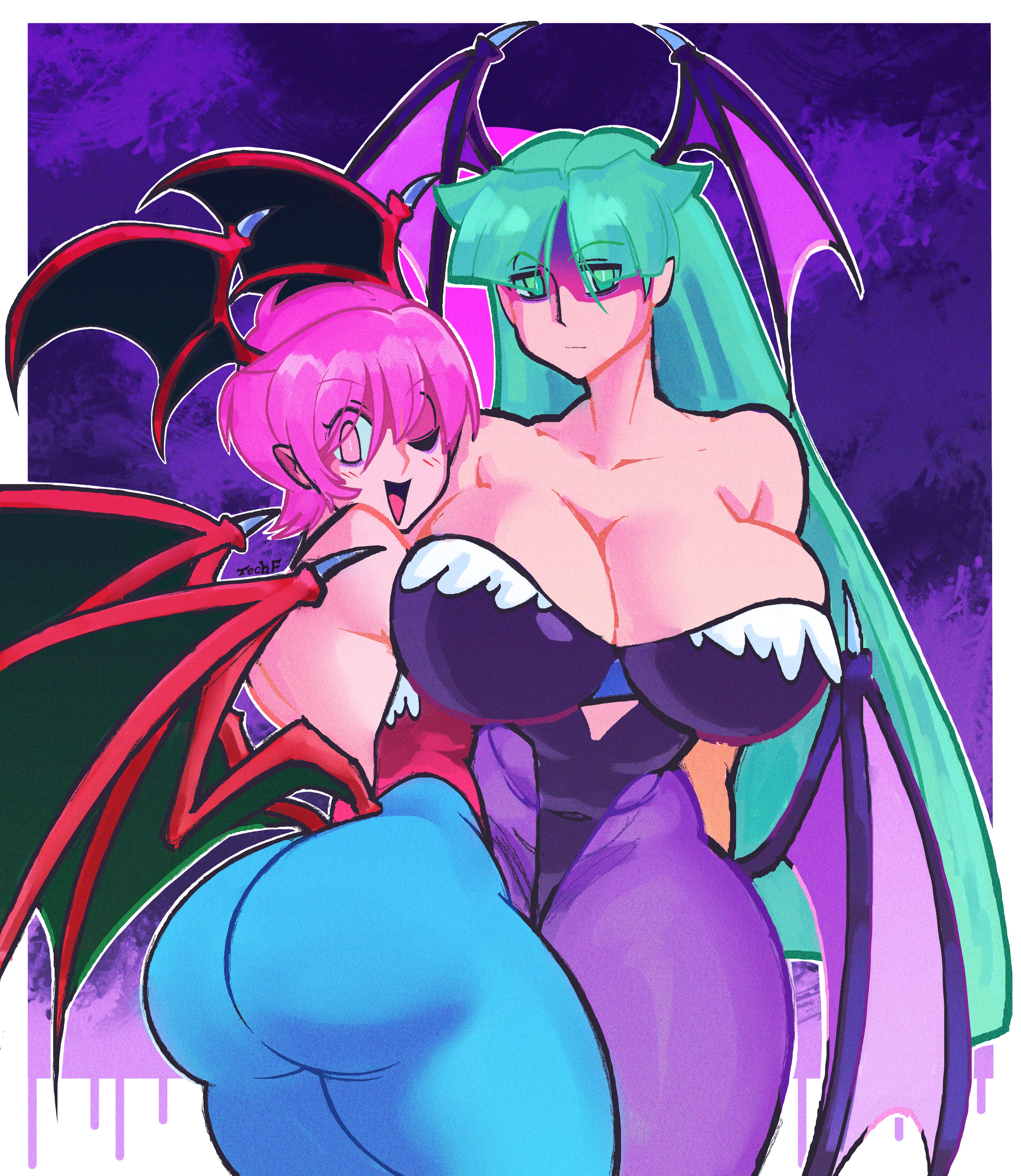 2demons, 2girls, ass, big ass, big breasts, breasts, bubble ass, bubble butt, capcom, clothing, darkstalkers, demon, female, female only, head wings, huge ass, large breasts, lilith aensland, morrigan aensland, multiple females, multiple girls, smile, smiling, smiling at viewer, succubi, succubus, succubus wings, tecfuzz, thick thighs, wide hips, wings, wink, winking at viewer