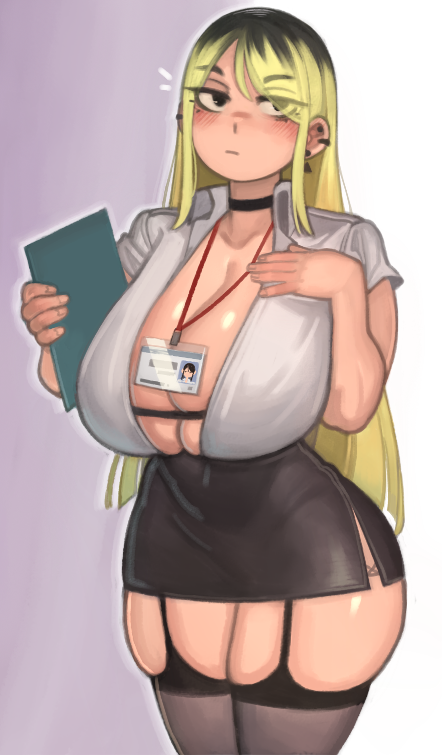 1girls breasts clothing deep_cleavage emi_(kelvin_hiu) female green_hair huge_breasts human id_badge id_card kelvin_hiu lanyard large_breasts light-skinned_female light_skin long_hair neckwear original original_character pale_skin slutty_outfit thick_thighs wide_hips