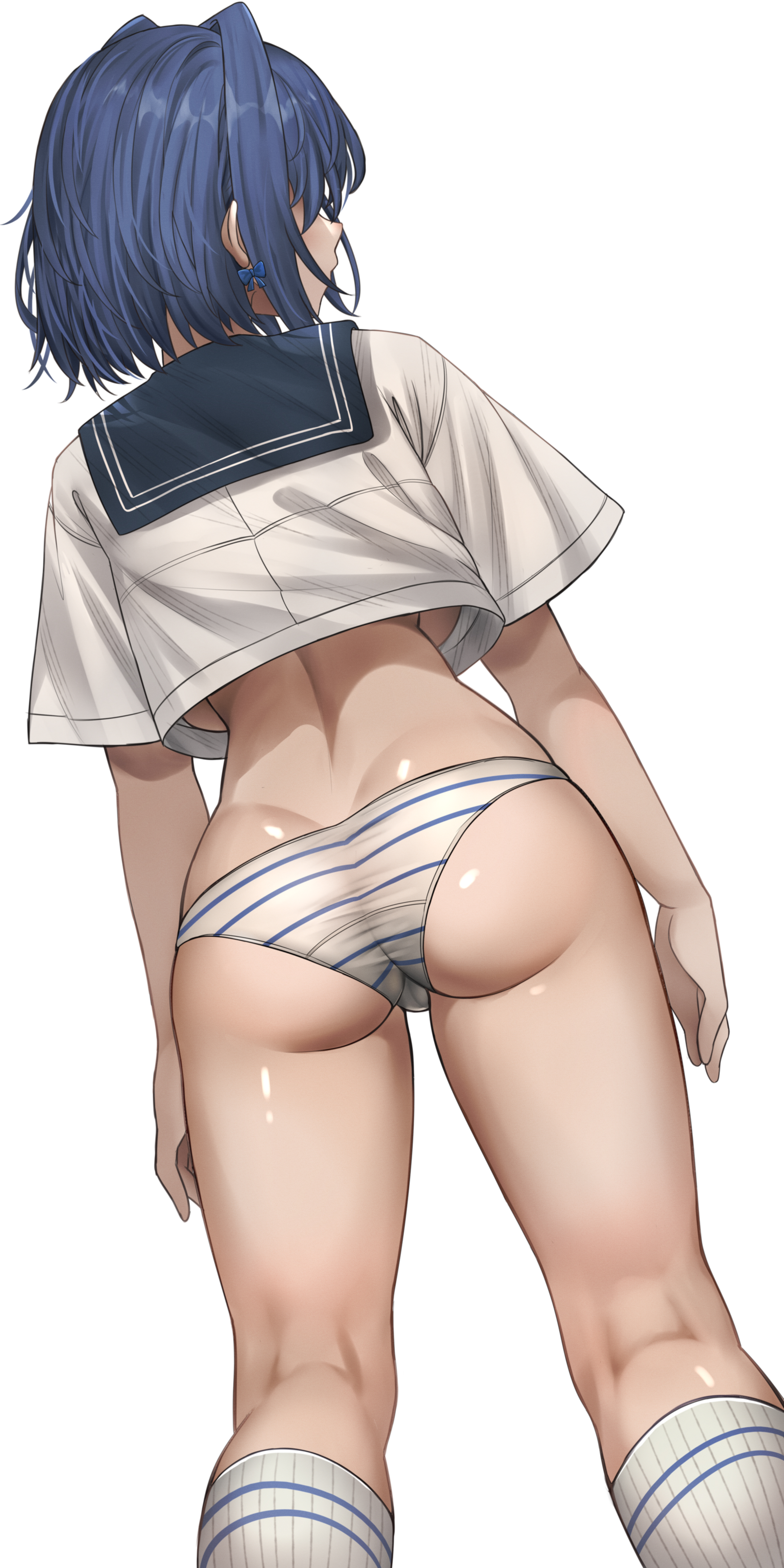 1girls, absurdres, ass, ass crack, backboob, blue hair, breasts, butt crack, female, hair between eyes, highres, hololive, hololive english, hololive english -council-, hololive english -promise-, honkivampy, large breasts, looking to the side, medium hair, ouro kronii, panties, ribbon earrings, school uniform, solo, striped, striped panties, underboob, underwear, virtual youtuber, white panties