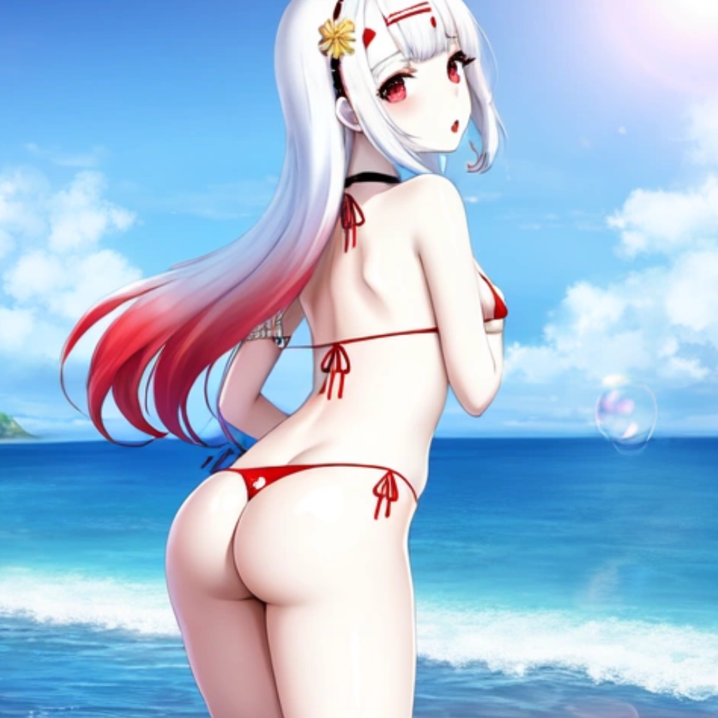 1girls ai_generated aihentai.co anything_diffusion asian_female ass back_view beach bikini female hair_ornament loincloth looking_at_viewer open_mouth original_character pale_skin rear_view red_hair_tips sea solo stable_diffusion white_hair