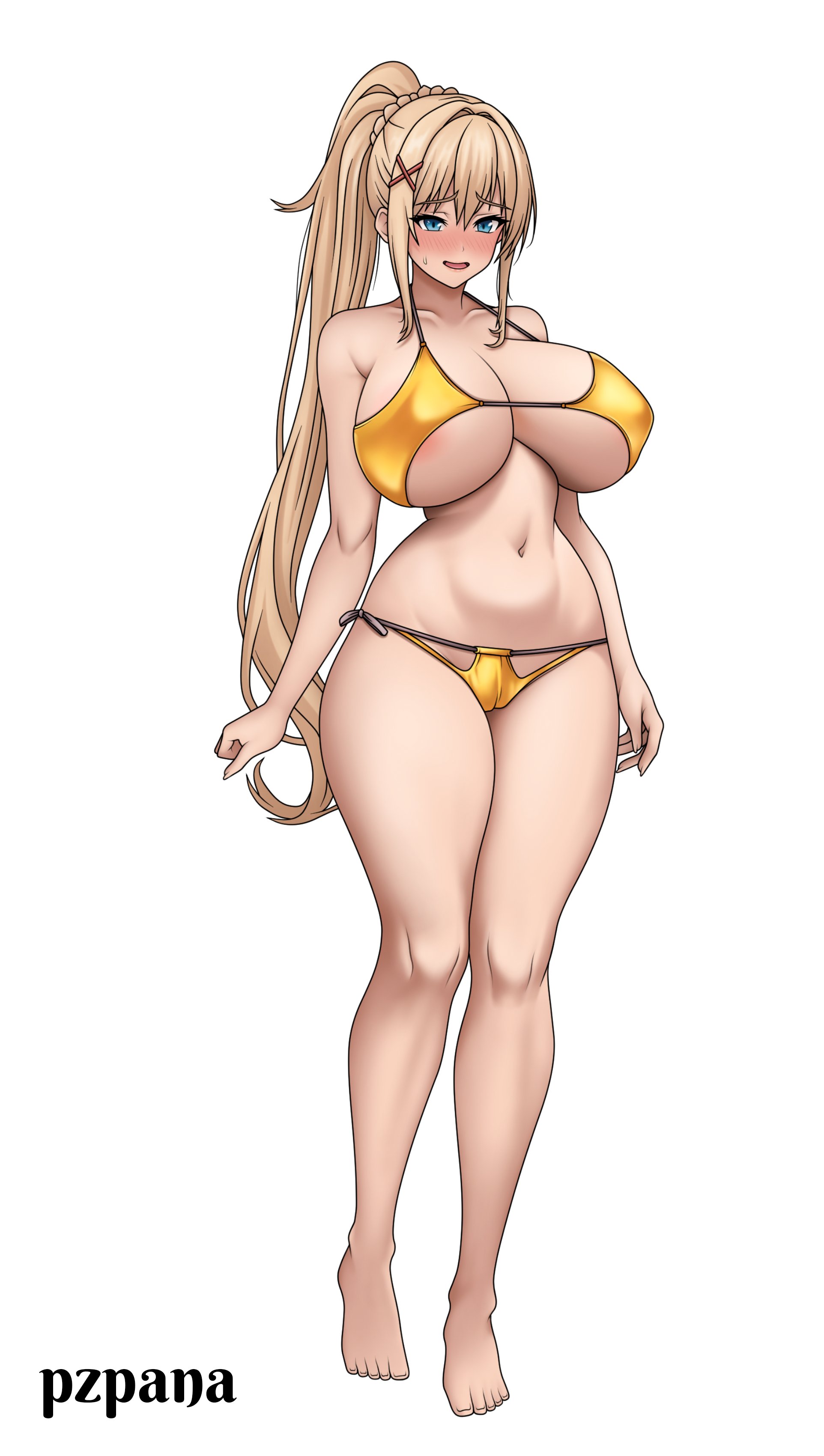 1girls, alternate version available, big breasts, bikini, bikini bottom, bikini top, blonde hair, blue eyes, blush, bottomwear, breasts, cleavage, darkness (konosuba), feet, female, female only, full body, hair, hips, huge breasts, kono subarashii sekai ni shukufuku wo!, legs, ponytail, pzpana, solo, solo female, swimwear, thighs, topwear, white background, yellow bikini
