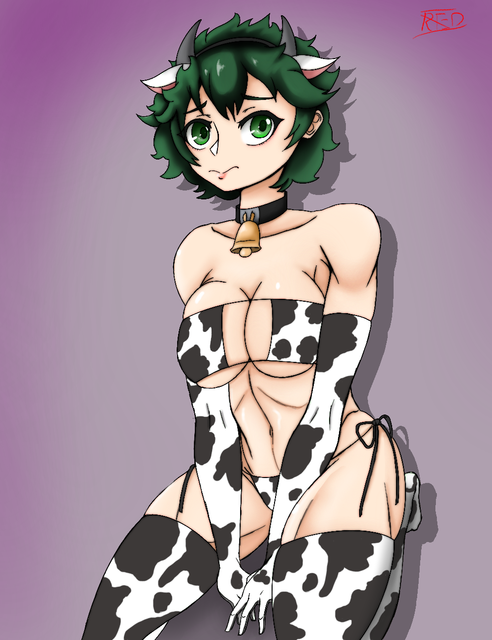 1girls bell belly_button big_breasts boku_no_hero_academia bow clothing cow_ears cow_horns cow_print eyebrows_visible_through_hair female female_deku female_only genderswap_(mtf) gloves green_eyes green_hair headband izuku_midoriya light-skinned_female light_skin looking_at_viewer my_hero_academia pattern_socks redcosmos rule_63 short_hair simple_background thighhighs tomboy underwear violet_background watermark