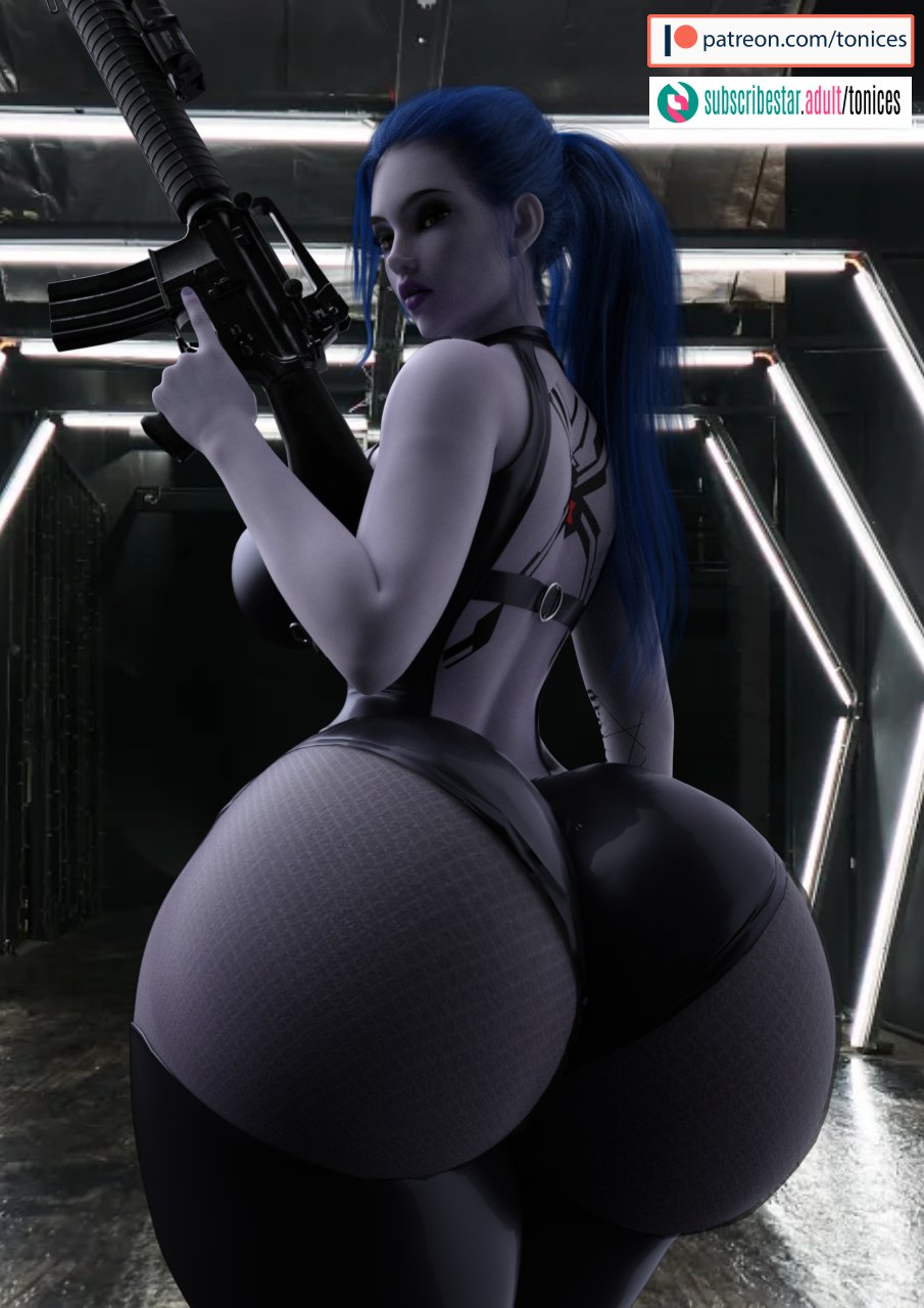 3d, ass, bare breasts, blizzard entertainment, blue hair, breasts, bubble ass, bubble butt, female, fishnets, gun, huge ass, lipstick, overwatch, purple lipstick, purple skin, tagme, thick ass, tonices, widowmaker