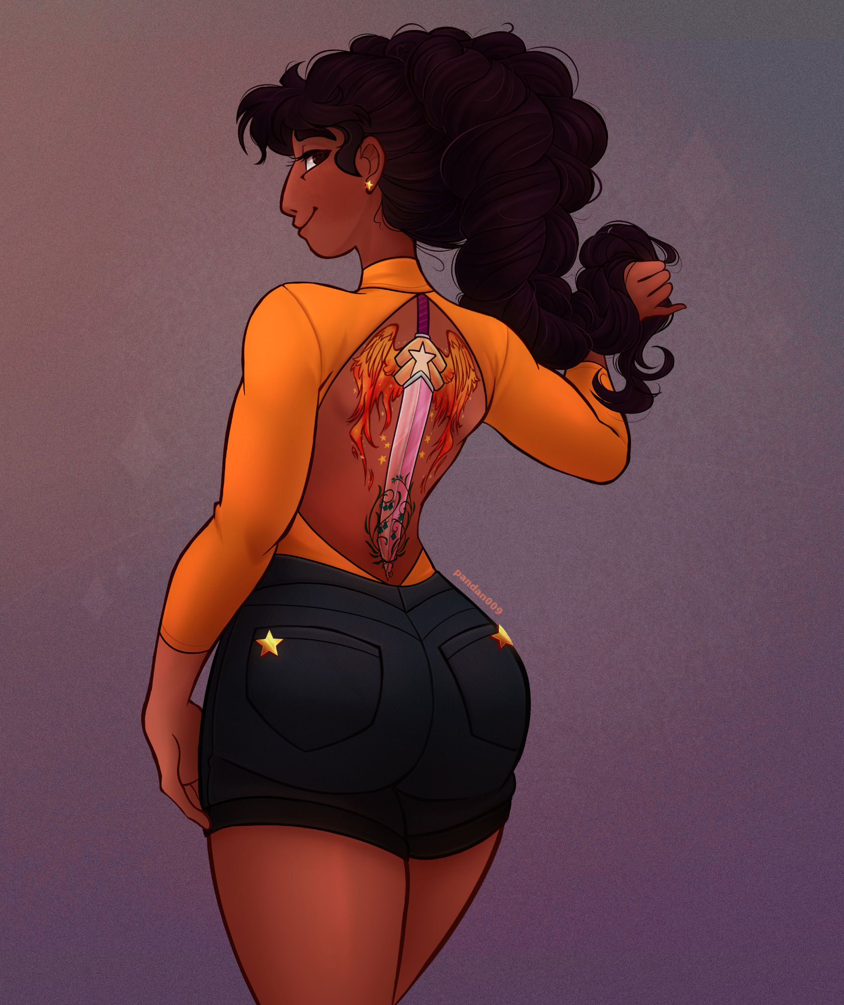 ass, back tattoo, back view, backless outfit, braided hair, connie maheswaran, dark skin, dark-skinned female, female, hand on hair, indian female, long hair, looking at viewer, looking back, santan999, screwpinecaprice, short shorts, smiling, smiling at viewer, solo, solo female, steven universe, tattoo