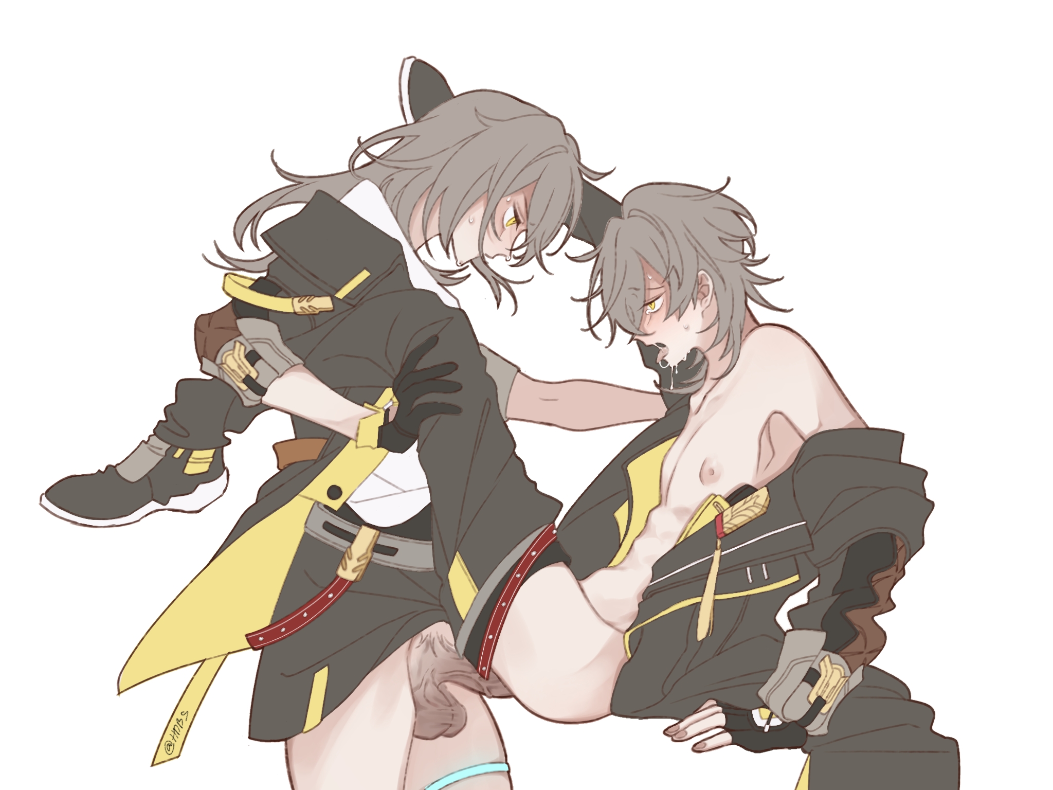 1boy, 1futa, 2023, anal, anal sex, balls, blush, boots, bottomless, caelus (honkai: star rail), clothed, clothing, duo, futa on male, futanari, grey hair, hi res, honkai (series), honkai: star rail, human, intersex, legwear, light skin, light-skinned futa, light-skinned male, long hair, male, mostly nude, partially clothed, penis, saraki, selfcest, short hair, simple background, sitting, standing, stelle (honkai: star rail), thigh strap, tongue, tongue out, yellow eyes