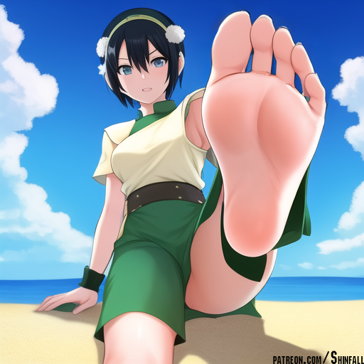 1girls, ai generated, avatar legends, avatar the last airbender, beach, earth kingdom, feet, feet up, female, foot fetish, fully clothed, looking at viewer, presenting, toph bei fong