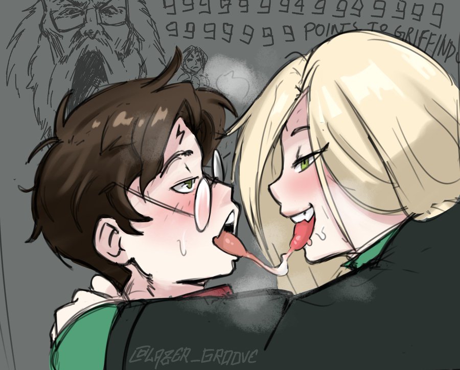 1boy, 1girls, draco malfoy, draco malfoy (redteneri), harry james potter, harry potter, kiss, kissing, saliva trail, salvia string, spit, tagme