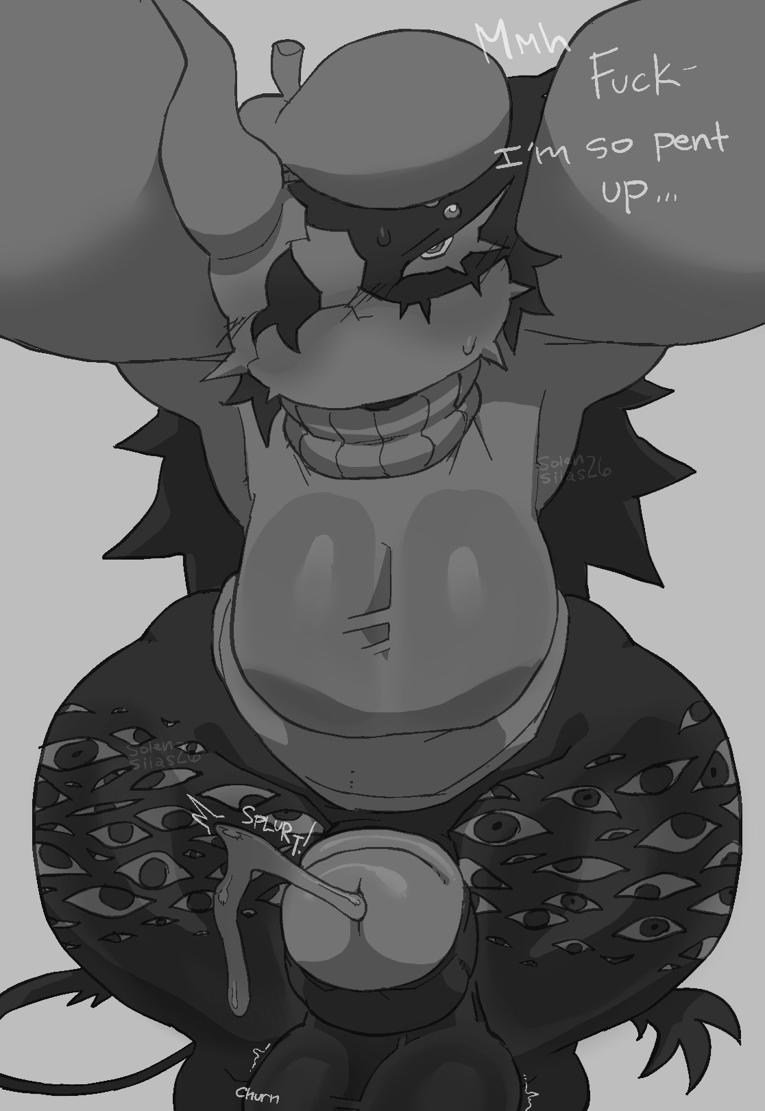 1futa, big balls, big breasts, big penis, big thighs, blushing, blushing at viewer, cum, dialogue, dominant, dominant futa, doodle, english text, folly (regretevator), futa, futanari, greyscale, half-closed eyes, looking at viewer, onomatopoeia, penis, regretevator, roblox, roblox game, solensilas, solo, spurt, spurting cum, sweat, text, thighs, watermark
