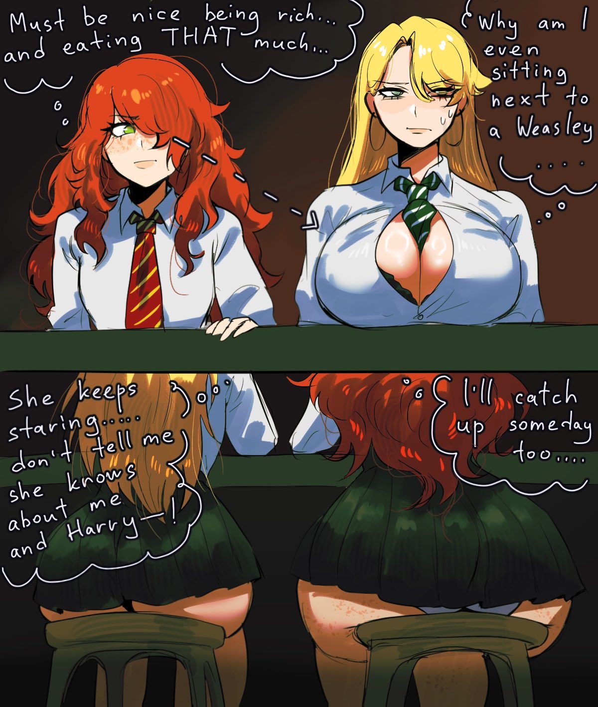 2girls, ass comparison, big ass, big breasts, big butt, blonde hair, blue eyes, breast comparison, breast envy, draco malfoy, draco malfoy (redteneri), flat chested, freckles, freckles on ass, freckles on face, genderswap, genderswap (mtf), green eyes, harry potter, huge ass, jealous, jealous female, oyxee, pantyshot, red hair, redhead, ron weasley, rule 63, school uniform, schoolgirl, staring, staring at breasts, thick thighs, white panties