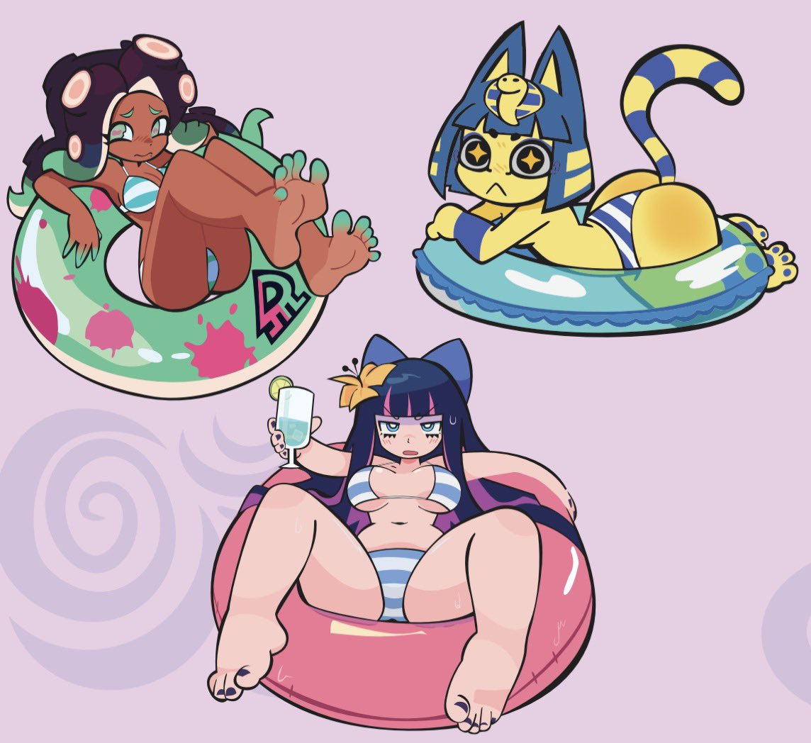 animal crossing, ankha, ass, ass up, banelingrush, barefoot, bikini, black hair, blue hair, blush, bow, breasts, cameltoe, cat ears, cat girl, cat tail, dark skin, dark-skinned female, floatie, flower in hair, green eyes, holding, holding object, lying, lying on back, marina (splatoon), no bra, octoling, panty & stocking with garterbelt, pink hair, slim waist, small breasts, sparkles, splatoon, spread legs, stocking anarchy, sweat, sweatdrop, tagme, tentacle, thick thighs, topless, voluptuous, wide hips, yellow fur