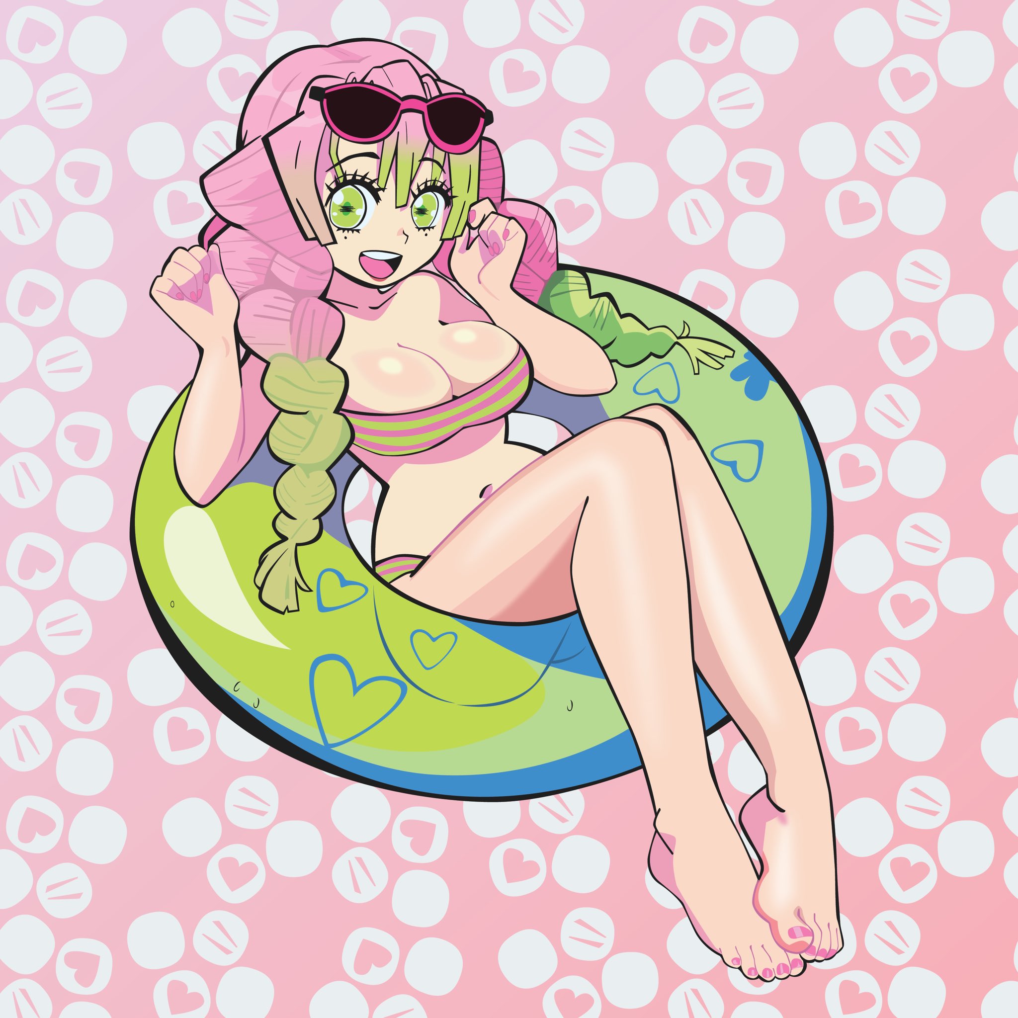ass, banelingrush, bikini, braid, braided hair, breasts, cleavage, demon slayer, floatie, green eyes, green hair, kanroji mitsuri, kimetsu no yaiba, large breasts, long hair, looking at viewer, mitsuri kanroji, navel, pink hair, slim waist, smile, sunglasses on head, tagme, voluptuous, wide hips