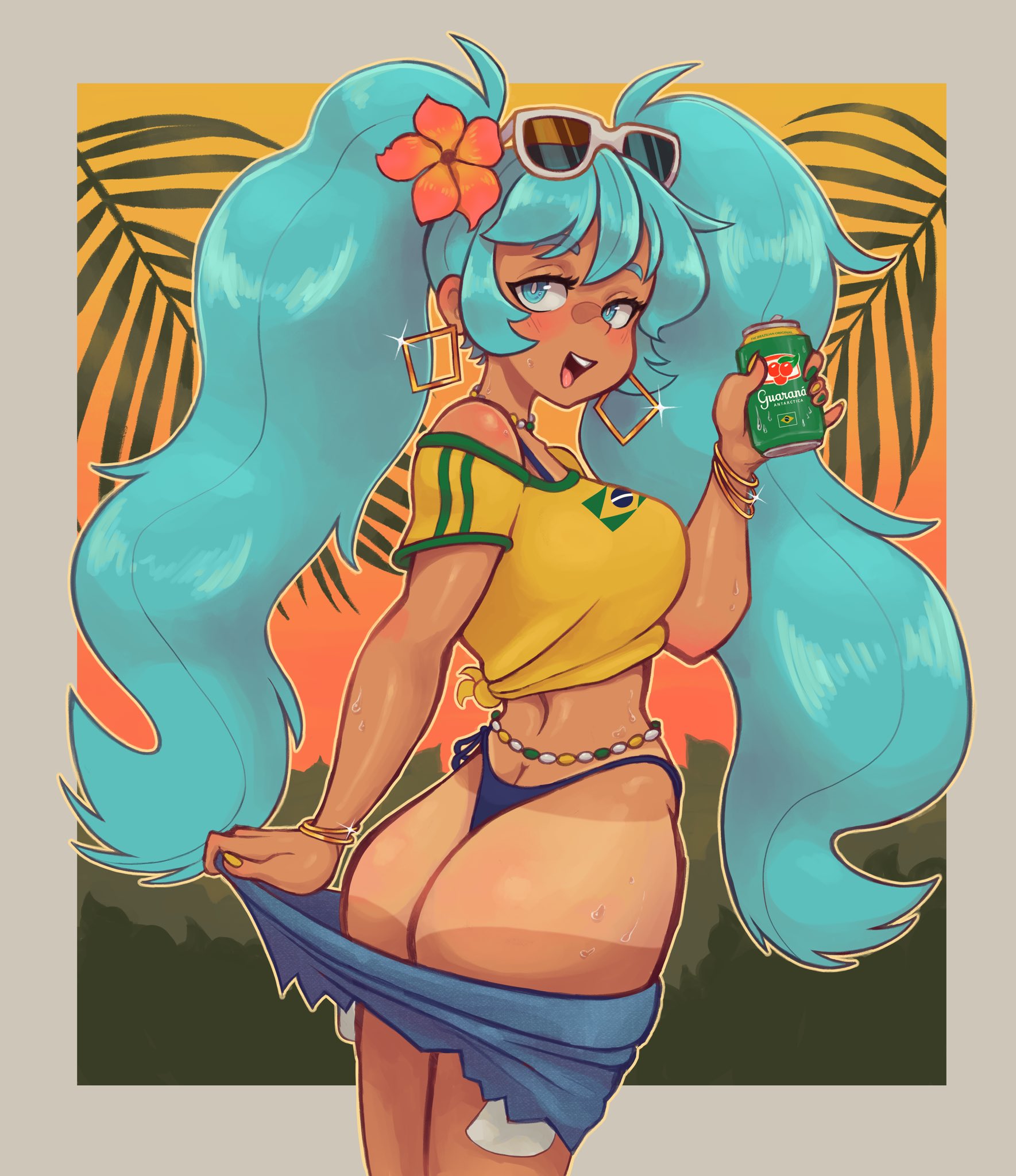 1girls, artist request, ass, big breasts, bikini, black bikini, blue eyes, blue hair, bracelet, bracelets, brazilian miku, breasts, can, clothes pull, commentary, dark skin, dark-skinned female, drink can, earrings, english commentary, eyewear on head, flower, gold bracelet, gold bracelets, guarana antarctica, hair flower, hair ornament, hatsune miku, highres, holding, holding can, jewelry, large breasts, long hair, looking at viewer, looking back, open mouth, orange flower, ring bracelets, shirt, short sleeves, shorts, shorts pull, solo, swimsuit, tanlines, teeth, twintails, upper teeth only, vocaloid, white-framed eyewear, yellow shirt