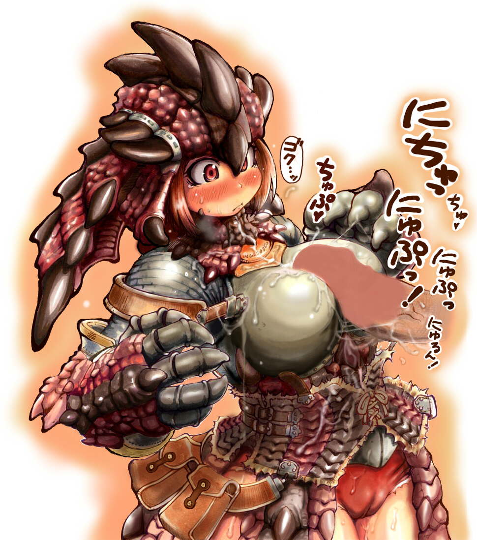 2008 armor blush breasts brown_hair capcom censored claws cum female ibukichi male monster_hunter paizuri panties penis rathalos_(armor) red_eyes scales straight underwear