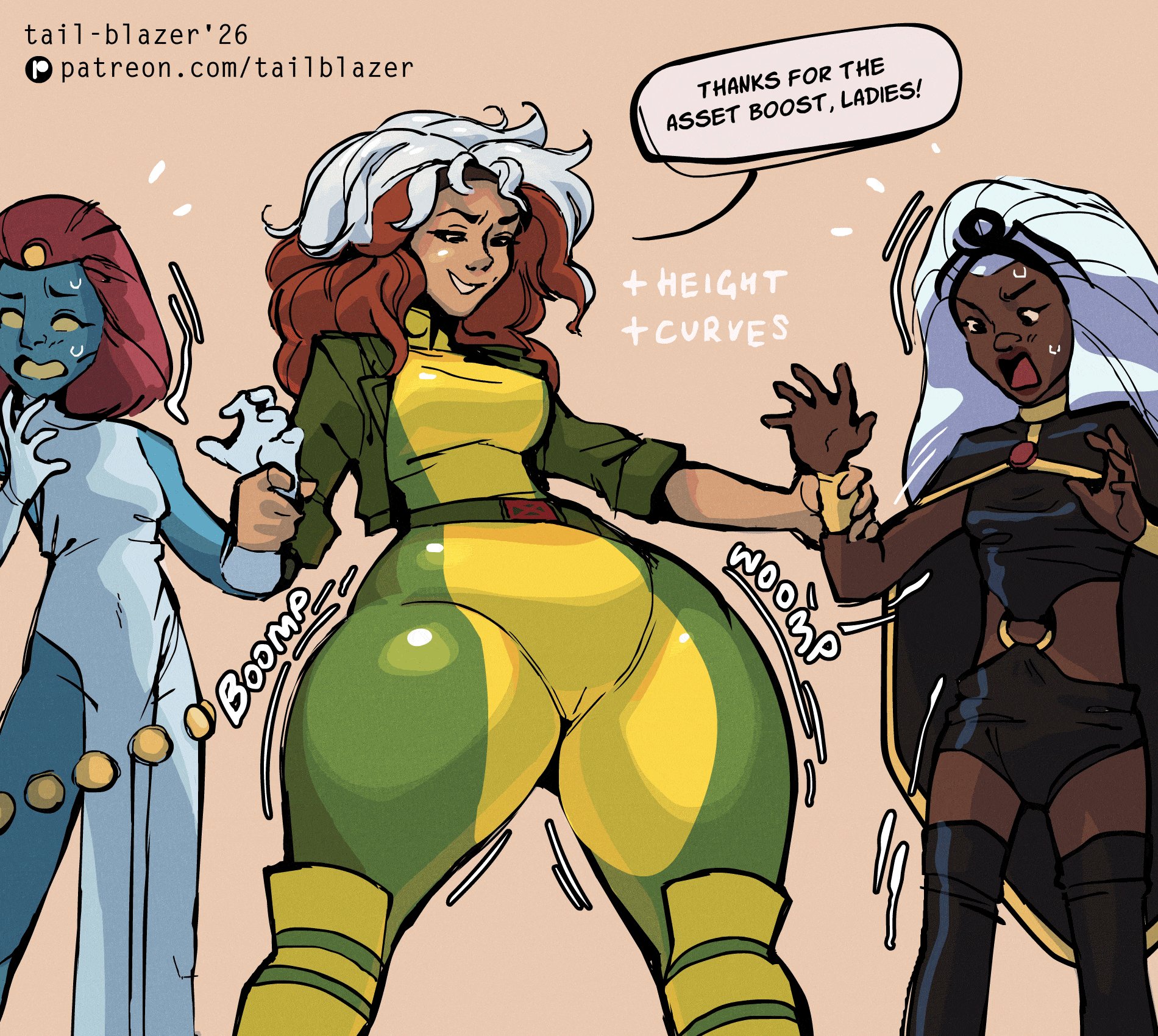 attribute theft, bodysuit, curvy, female, female only, height growth, hip expansion, marvel, mystique, rogue (x-men), size theft, storm (x-men), tail-blazer, thick, thick thighs, thigh expansion, thighs, wide hips, x-men