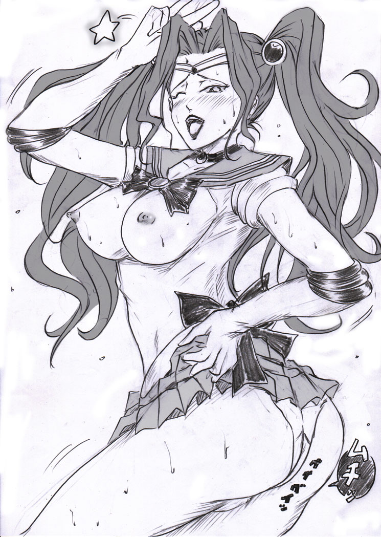 bishoujo_senshi_sailor_moon blush breasts breasts_out clothing code_geass cornelia_li_britannia cosplay elbow_gloves female gloves long_hair medium_breasts megane001976 megane_(pixiv763416) miniskirt monochrome nipples open_mouth panties pantyshot pointy_chin sailor_moon_(cosplay) skirt skirt_lift solo sweat tied_hair twintails underwear v wink