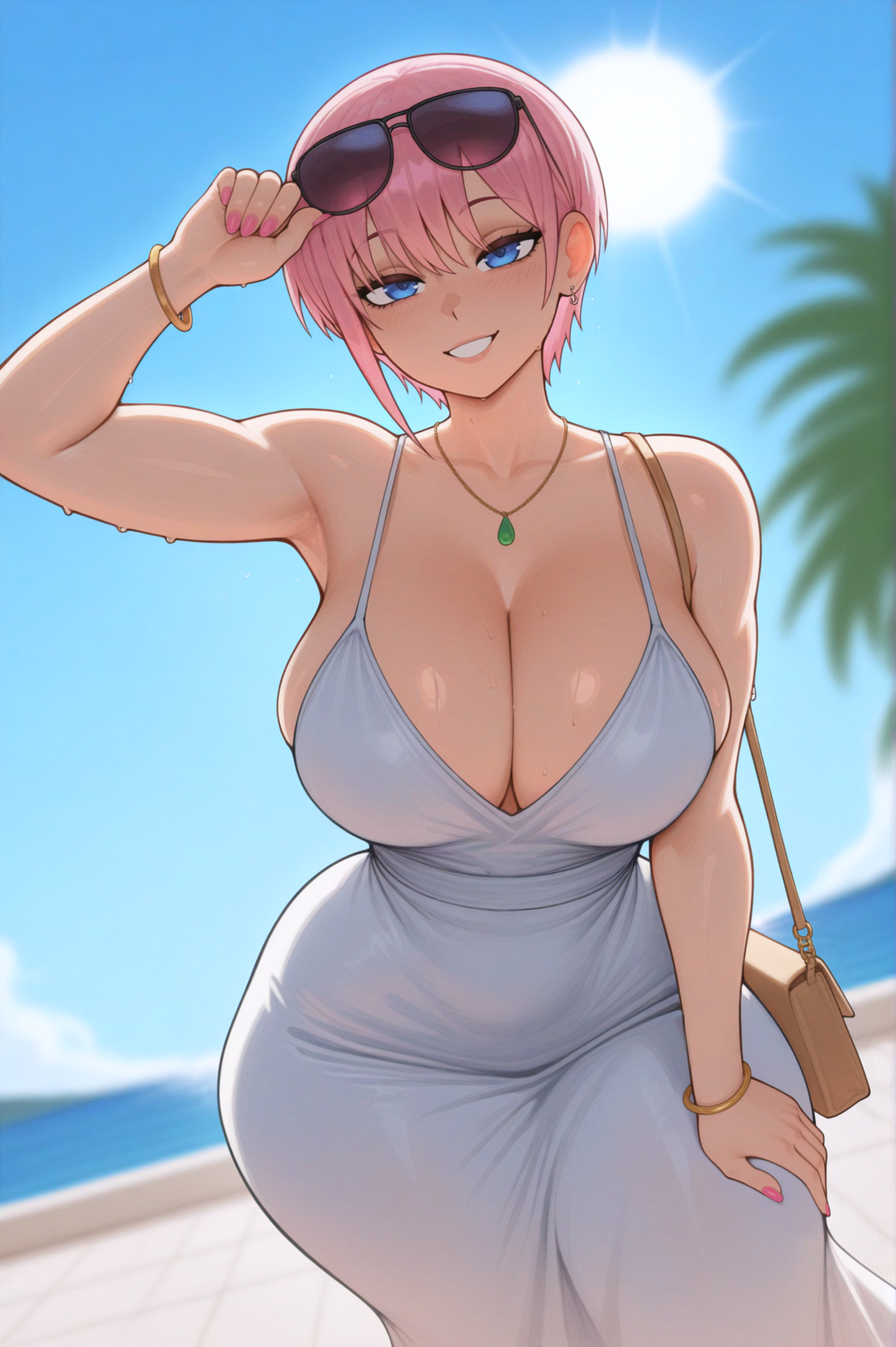 1girls, ai generated, beach, big breasts, blue eyes, blush, boobs, breasts, busty, cleavage, curvy, curvy female, curvy figure, dress, female, female only, go-toubun no hanayome, handbag, huge breasts, ichika nakano, large breasts, light skin, light-skinned female, looking at viewer, nail polish, nakano ichika, necklace, pink hair, pink nails, quintessential quintuplets, seductive, sexy, sexy body, short hair, smile, smiling at viewer, solo, solo female, stuffyai, sunglasses, sunglasses on head, sweat, the quintessential quintuplets, thick, thick thighs, voluptuous, voluptuous female