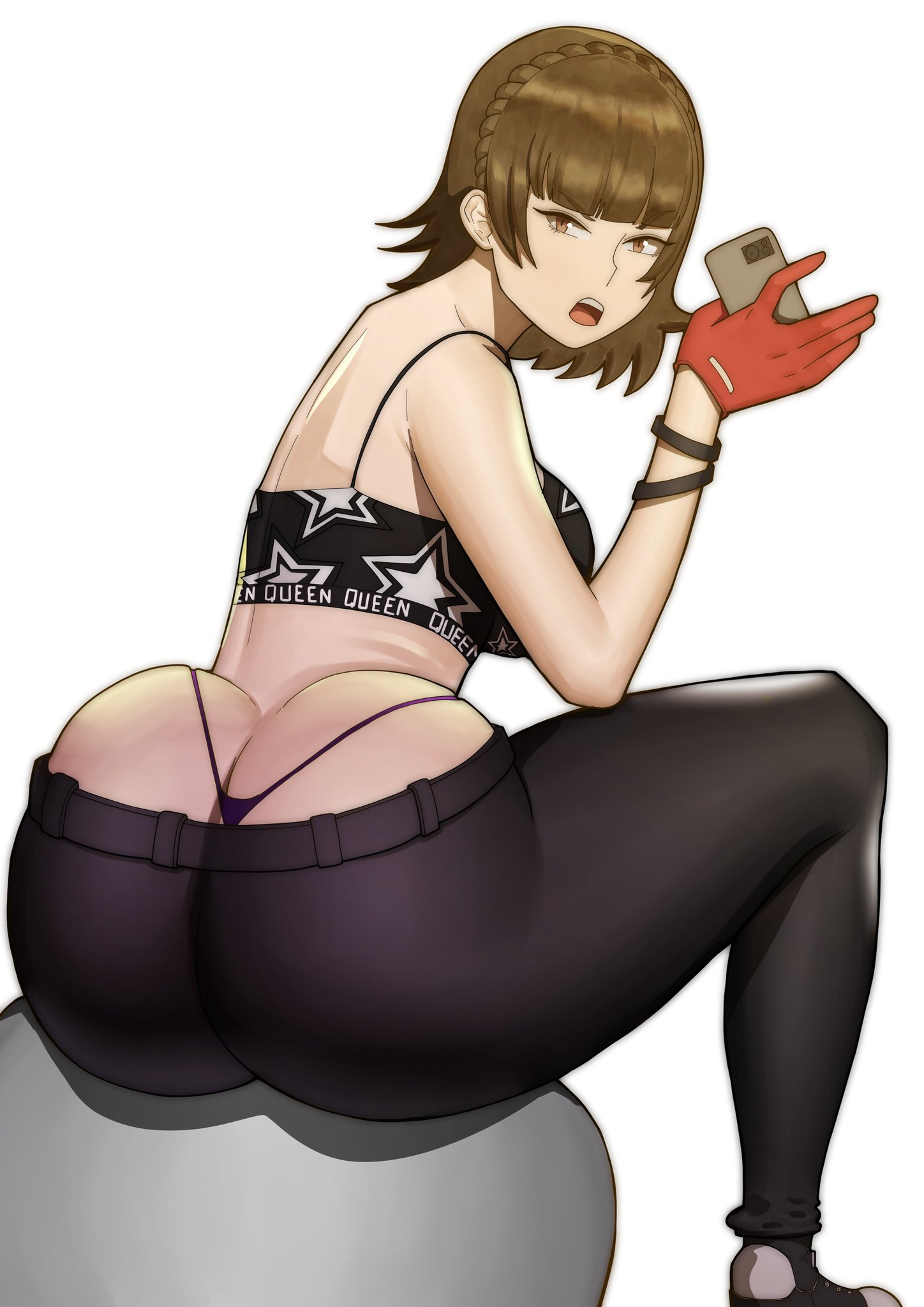1girls, 2d (artwork), ass, ass crack, ass focus, atlus, booty, brown hair, brunette, bubble ass, bubble butt, butt, curvy, doublehero, dumptruck ass, light-skinned female, looking at viewer, makoto niijima, persona, persona 5, red eyes, solo female, tagme, thong