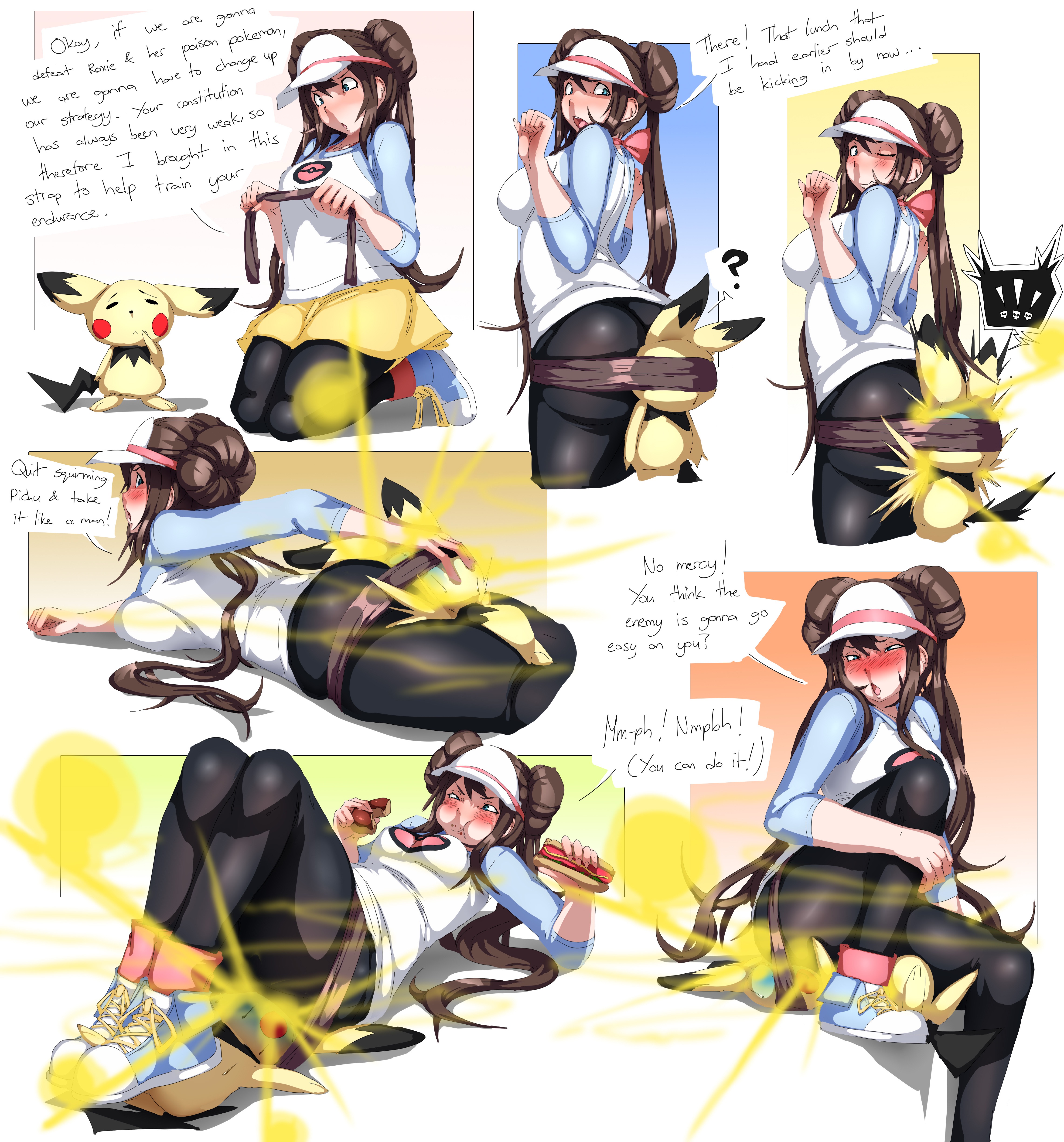 ass, comic, dialogue, facesitting, fart, fart fetish, fart torture, fat ass, female, female focus, larger female, lazei, pichu, pokemon, pokemon (species), rosa (pokemon), stinky, tied to butt