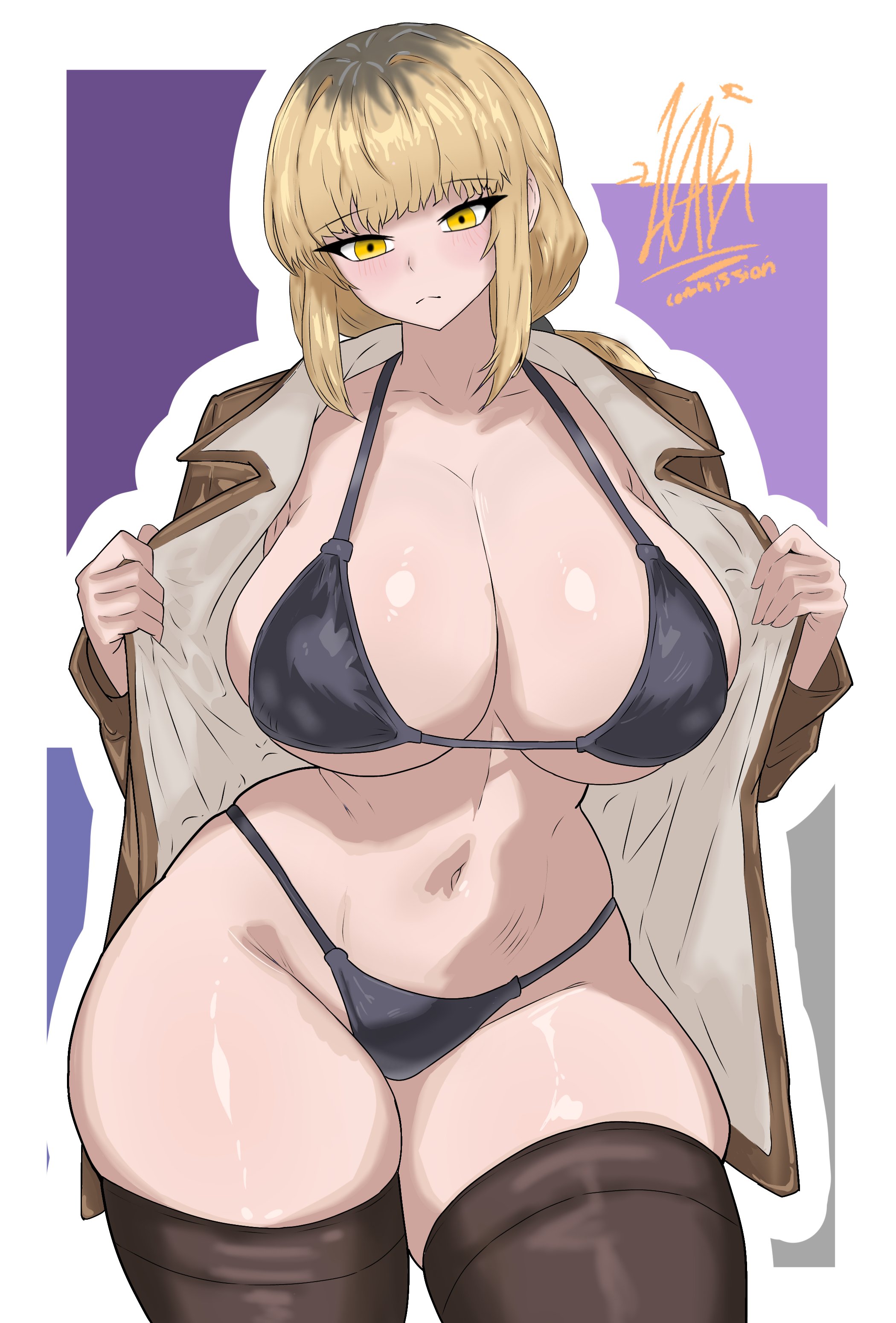 1girls, artist name, big breasts, big thighs, black panties, black thighhighs, blonde hair, bra, breasts, breasts bigger than head, breasts out, busty, busty female, curvy, curvy body, curvy female, curvy figure, curvy hips, drawlab33t, fear and hunger, fear and hunger: termina, female, female focus, female only, hourglass figure, huge breasts, karin (fear and hunger), large breasts, light skin, light-skinned female, looking at viewer, panties, purple skirt, shiny skin, solo, thick legs, thick thighs, thighhighs, thunder thighs, thunderthighs, tits, tits bigger than head, tits out, underwear, wide hips, wide thighs, yellow eyes