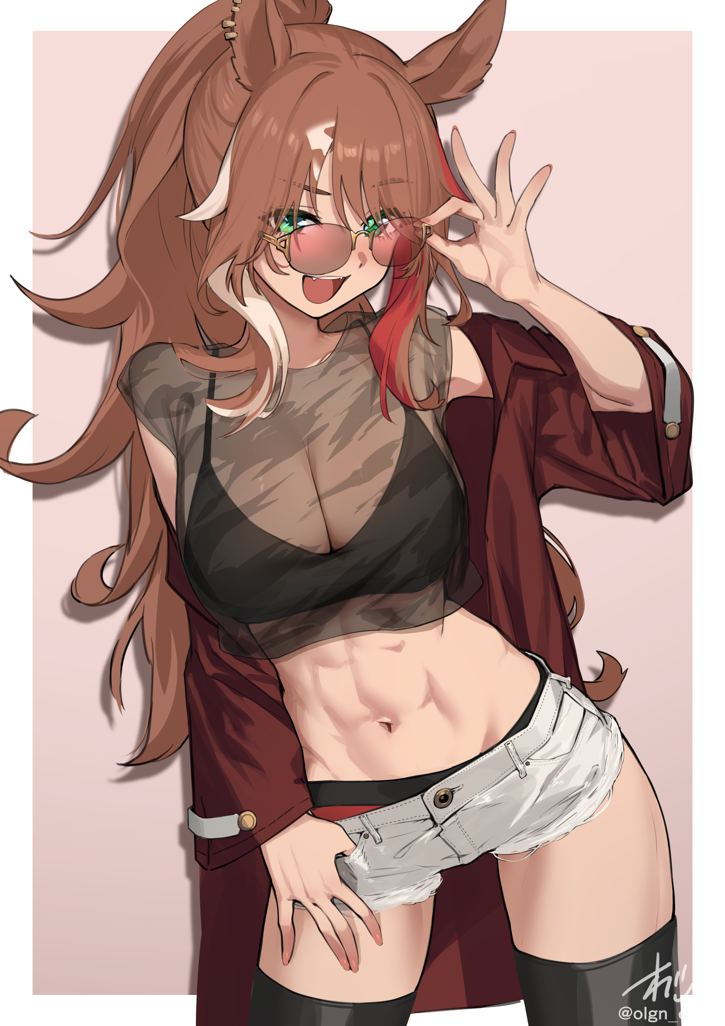 1girl, forever young (umamusume), green-tinted eyewear, midriff, multicolored hair, short shorts, solo, umamusume, umamusume pretty derby