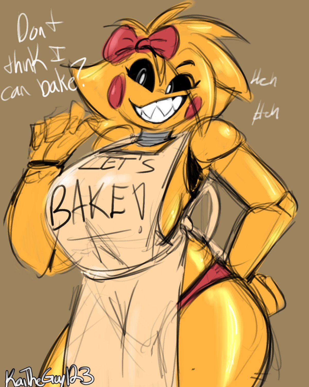 1girls, animatronic, animatronic female, animatronic girl, apron, big breasts, bow, breasts, chicken, chicken girl, chicken humanoid, dialogue, female, female focus, female only, five nights at freddy's, five nights at freddy's 2, fnaf, huge breasts, kaitheguy123, panties, phasianid, robot, robot girl, robot humanoid, scottgames, sharp teeth, smile, smiling, smiling at viewer, smirk, smirking, smirking at viewer, solo, thick thighs, toy chica (fnaf), voluptuous, voluptuous body, voluptuous female, wide hips, yellow skin