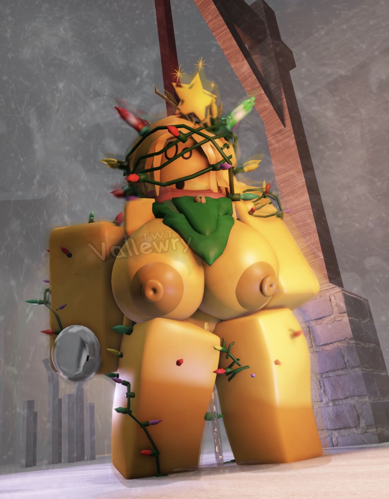 1girls, 3d, boobs, boobs bigger than head, boobs out, christmas lights, confused, confused look, forsaken (roblox), hiding pussy, naked, naked female, nipples, noob, noob (forsaken), noob (roblox), official alternate costume, roblox, roblox game, robloxian, self upload, tagme, tagme (artist), tied to pole