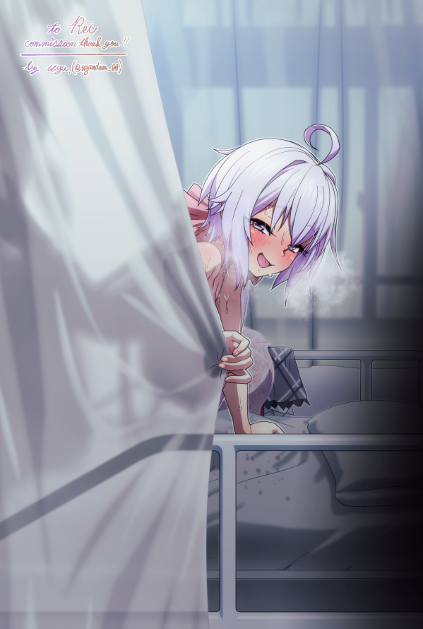 1boy, 1boy1girl, 1girls, bed, behind curtain, doggy style, infirmary, male, senki zesshou symphogear, silhouette, silhouette sex, smile, stealth sex, straight, uganda (ugandam 00), yukine chris