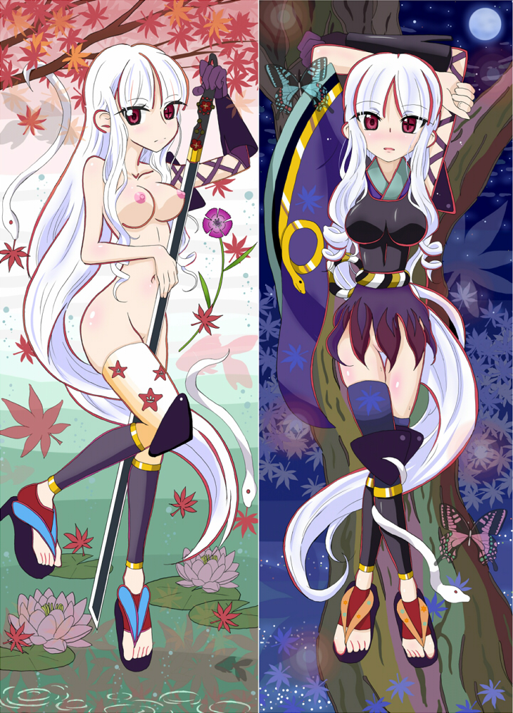 butterfly katanagatari kimono kneeguard lily_pad moon red_eyes sandals snake sword togame weapon white_hair