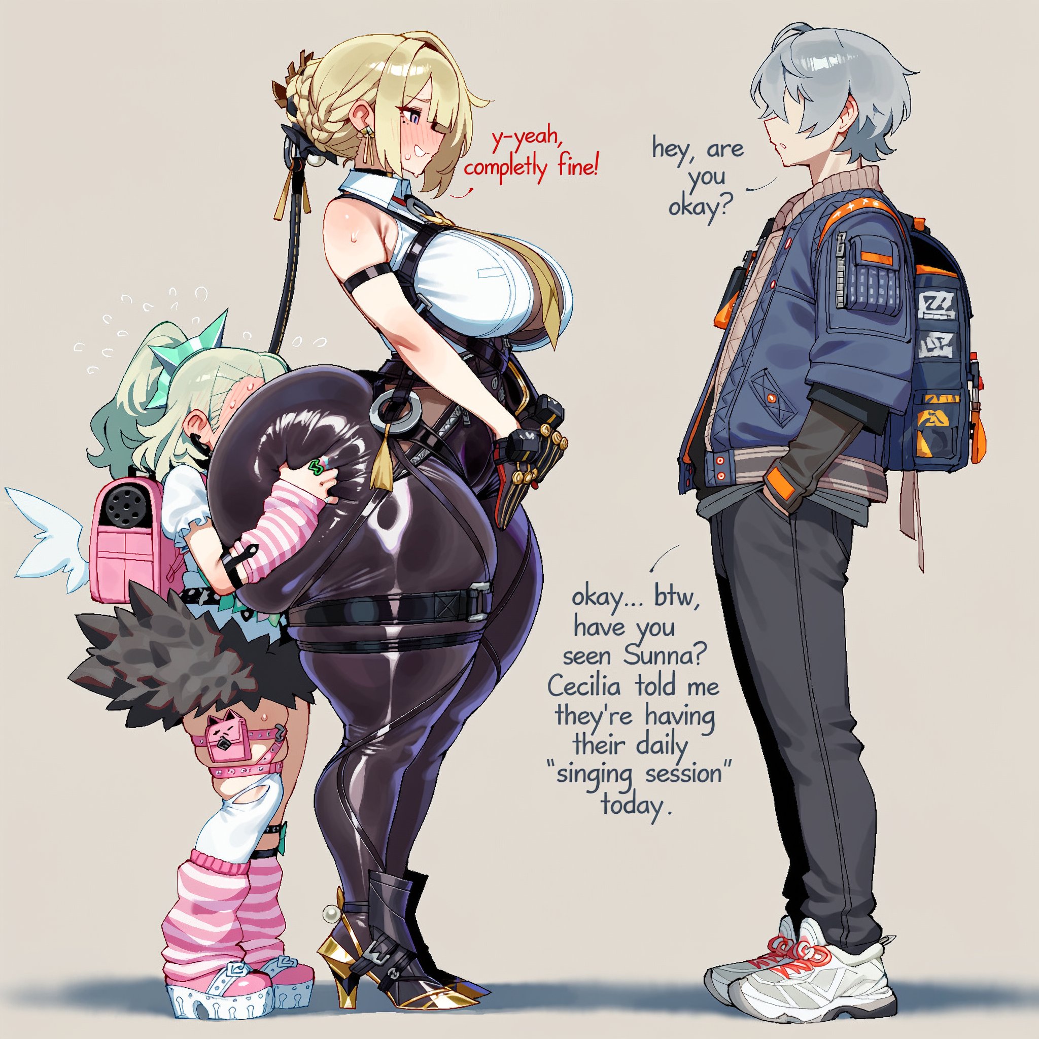 1boy, 2girls, ai generated, ai virelune (yi), angels of delusion, ass, backpack, bare shoulders, blonde hair, blush, breasts, bubble butt, dialogue, dumptruck ass, ear piercing, evelyn chevalier, face in ass, female, halo, heavenly ass, heels, high heel boots, high heels, high ponytail, large ass, large breasts, light green hair, male, pale skin, pale-skinned female, pale-skinned male, petite, petite body, petite female, ponytail, purple eyes, silver hair, stripped socks, sunna (zenless zone zero), wise (zenless zone zero), zenless zone zero