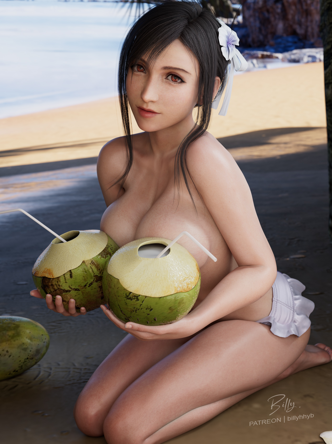 3d, 3d (artwork), beach, big breasts, billyhhyb, black hair, coconut, covering breasts, final fantasy vii, final fantasy vii remake, on knees, red eyes, sydney sweeney, tifa lockhart, topless