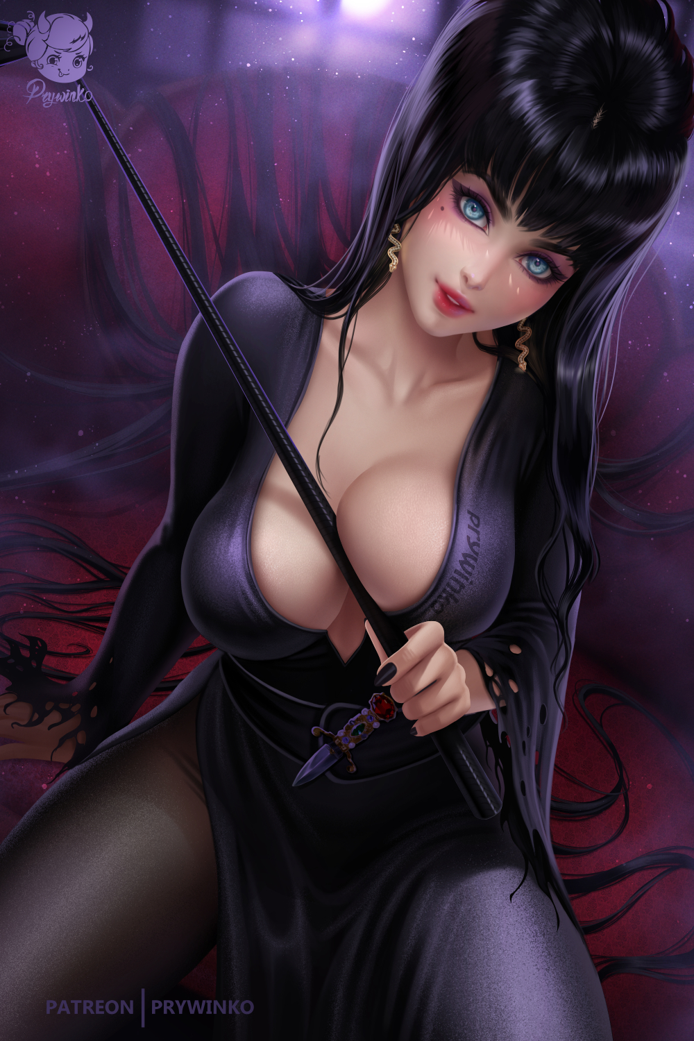 1girls absurd_res arm_support big_breasts black_dress black_hair black_nails blue_eyes breasts cassandra_peterson celebrity cleavage clothed clothed_female clothes clothing dark_hair detailed_background dress earrings elvira elvira:_mistress_of_the_dark eyeshadow female female_only fully_clothed golf_club goth hi_res holding holding_object human human_only large_breasts lipstick long_hair looking_at_viewer makeup mole_under_eye nail_polish pantyhose prywinko purple_eyeshadow real_person red_cheeks red_lips red_lipstick revealing_clothes sitting solo solo_female stockings