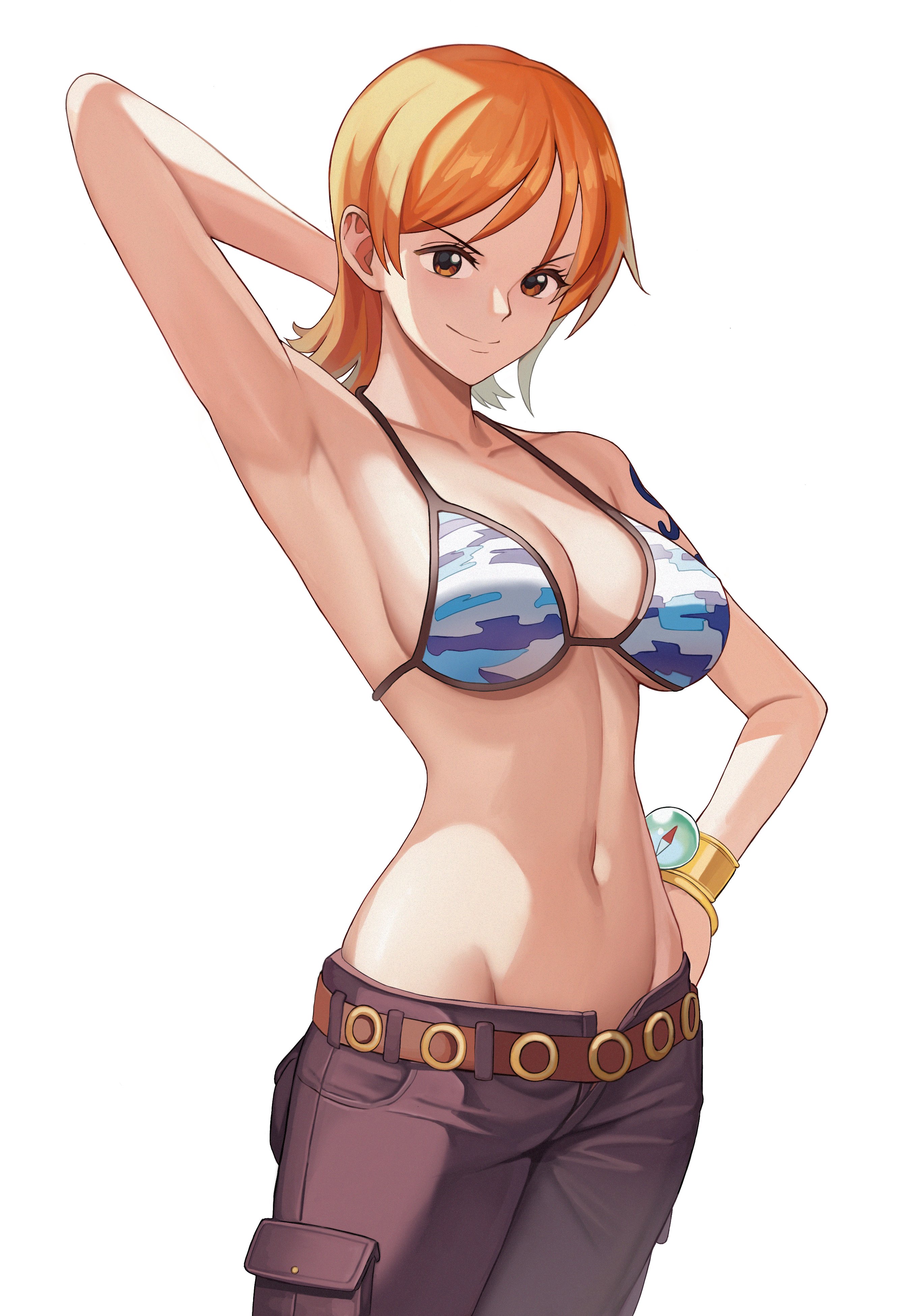 1girl, 1girls, absurdres, arm behind head, arm tattoo, armpits, arms up, bangle, bare shoulders, belt, bikini, bikini top only, blue tattoo, bracelet, breasts, brown belt, brown eyes, brown shorts, camouflage, camouflage bikini, cleavage, closed mouth, collarbone, commentary, cowboy shot, female, female only, gold bangle, groin, halterneck, hand on own hip, highres, jewelry, large breasts, linea alba, log pose, looking at viewer, nami (one piece), navel, official alternate costume, one piece, open fly, orange hair, orange-haired female, pre-timeskip, short hair, shorts, shoulder tattoo, skypiea, smile, solo, stomach, swimsuit, tattoo, white background