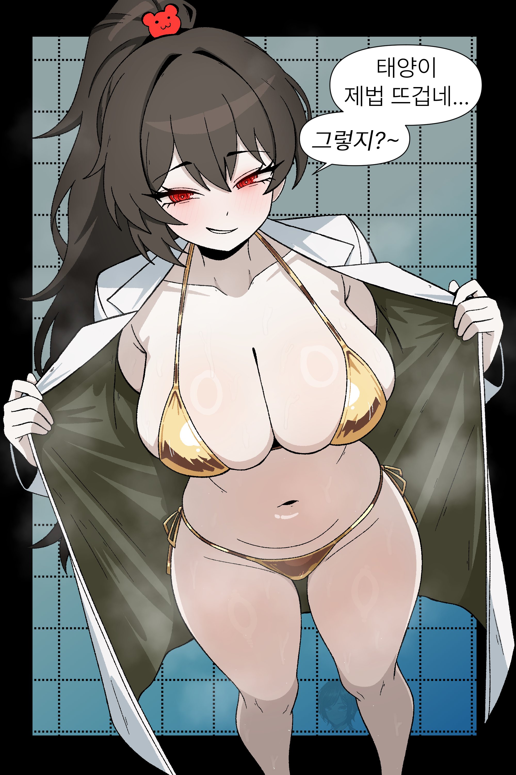 1girl, absurdres, armpit crease, bikini, breasts, carmen (lobotomy corporation), coat, commentary, english commentary, from above, gold bikini, grin, high ponytail, highres, korean text, lab coat, large breasts, limbus company, lobotomy corporation, looking at viewer, navel, open clothes, open coat, outis (limbus company), perspective, ponytail, project moon, side-tie bikini bottom, smile, smlie, solo, standing, steaming body, swimsuit, translated, white coat