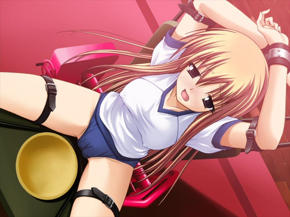 arms_up belt blonde_hair bondage buruma dutch_angle erect_nipples gym_uniform long_hair okuma_masami shakkin_shimai