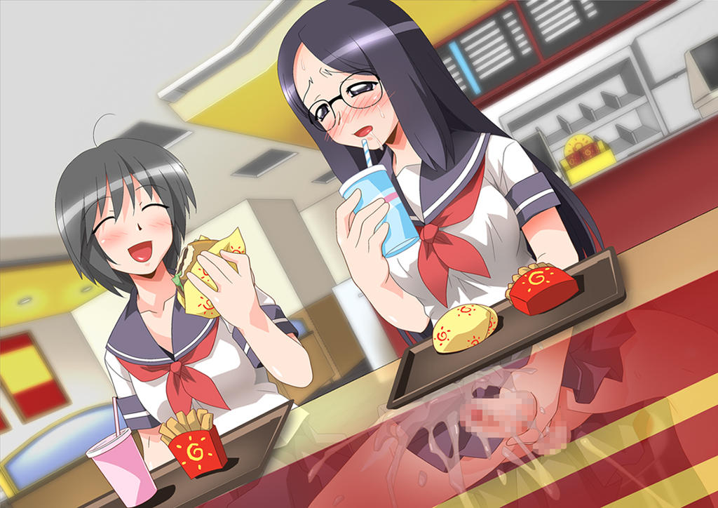 1futa, 1girls, balls, blue hair, blush, bottomless skirt, breasts, censored, clothed masturbation, clothing, cum, cum drip, cumming, cumshot, curvy, drink, eating, ejaculation, erection, erection under clothes, erection under skirt, fast food, female, food, futa with female, futanari, glasses, grey hair, intersex, long hair, masturbation, medium breasts, no panties, open mouth, penis, penis out, penis under clothes, penis under skirt, public, saliva, school uniform, schoolgirl, short hair, skirt, skirt lift, smile, sotofuta, stealth masturbation, studio sunadokei, under the table, x-ray