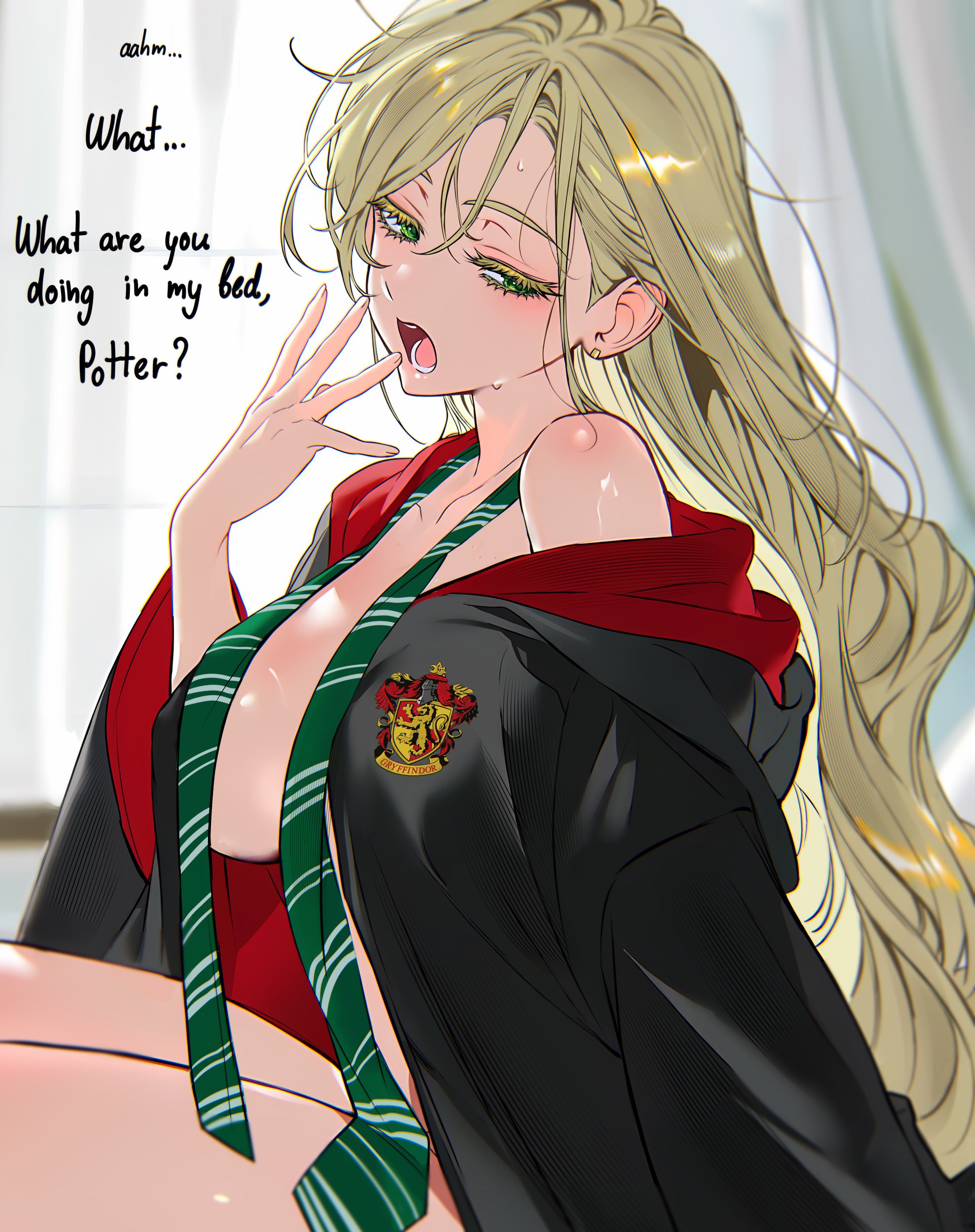 1girls, 2026, 2d, bare shoulders, bed, bedroom, bedroom eyes, big breasts, blonde hair, breasts, collarbone, dialogue, draco malfoy, draco malfoy (redteneri), english, english dialogue, english text, exposed breasts, female, female only, genderswap, genderswap (mtf), glistening, glistening body, green eyes, harry potter, hi res, highres, large breasts, light skin, light-skinned male, long hair, looking at viewer, naked, naked female, nude, nude female, nudity, open clothes, open mouth, open shirt, pov, qiandaiyiyu, rule 63, shiny, shiny skin, side view, skimpy, skimpy bikini, smooth skin, solo, solo female, straight hair, talking to viewer, text, thick thighs, thighs, very long hair