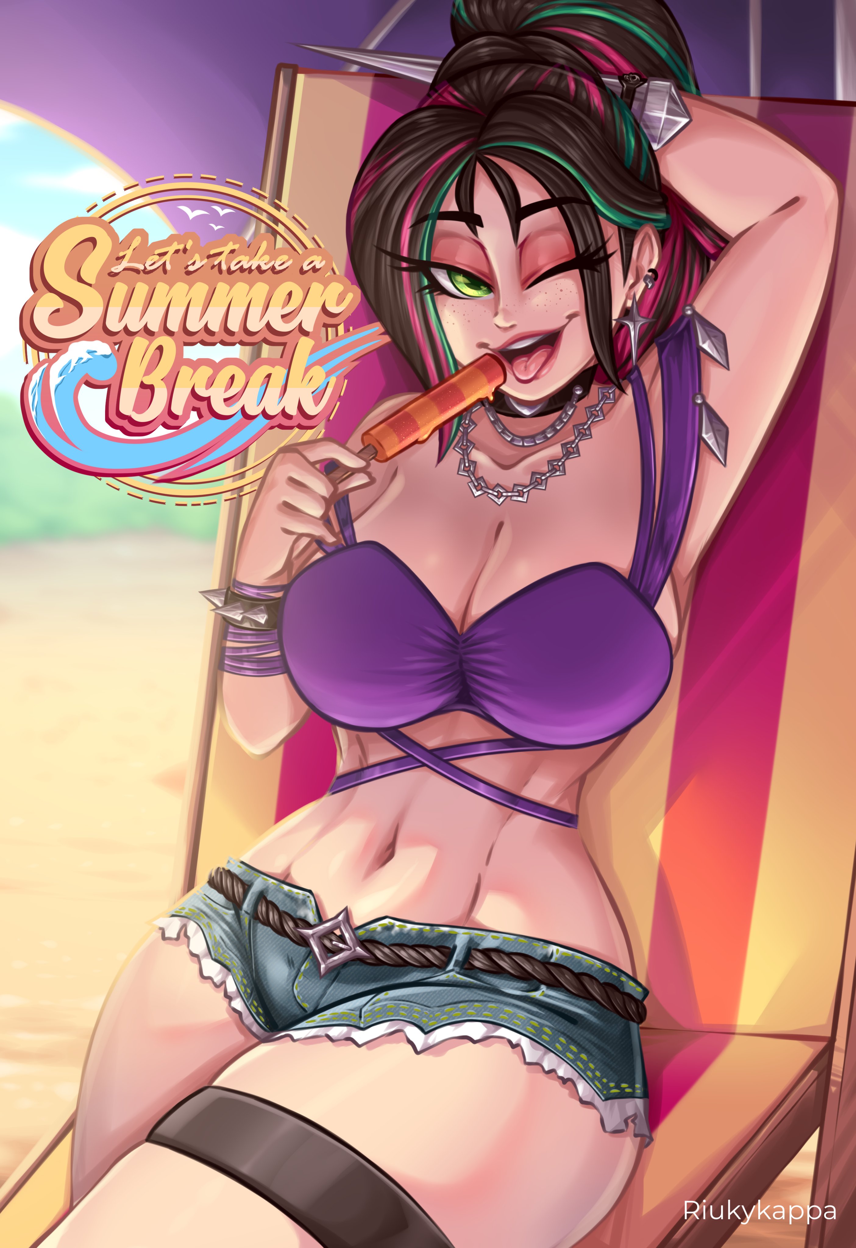 abs, arm up, beach, beach background, black hair, breasts, cleavage, fortnite, fortnite: battle royale, front view, green eyes, hand behind head, helsie (fortnite), holding, holding object, large breasts, looking at viewer, midriff, multicolored hair, navel, necklace, one eye closed, open mouth, popsicle, riukykappa, sand witch helsie (fortnite), shorts, slim waist, summer, tagme, text, thick thighs, tied hair, tongue, tongue out, topwear, voluptuous, wide hips